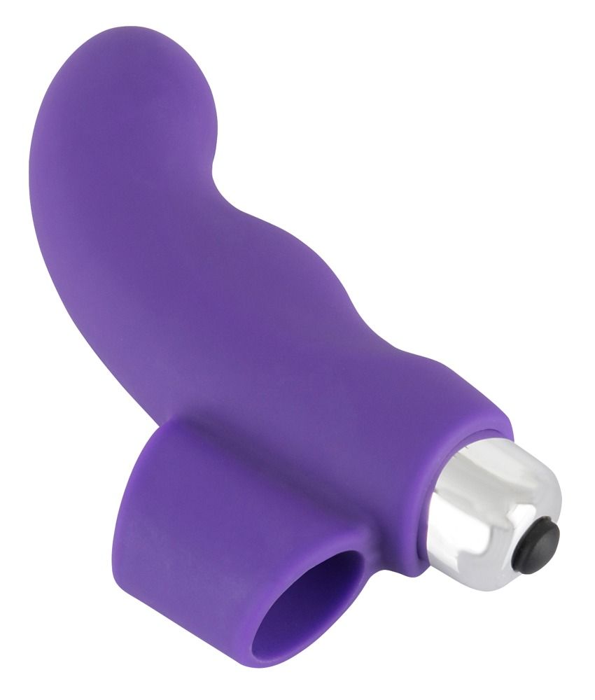Lila Finger-Vibrator. Silikon-Material. Ringförmige Basis. Silberfarbener Vibrationskopf mit schwarzem Knopf.