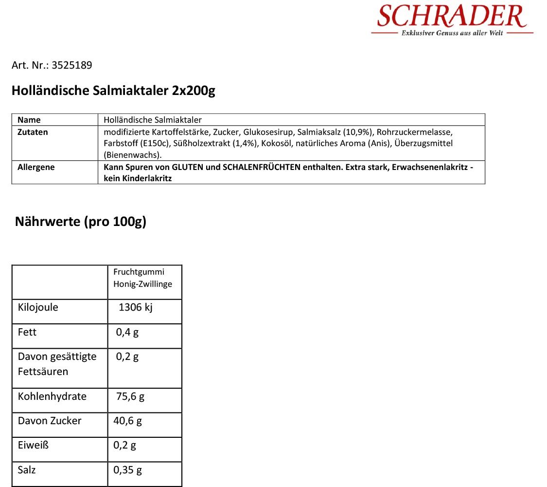 Produktinformationen für Holländische Salmiaktaler 2x200g. Zutatenliste, Nährwerttabelle. Marke Schrader.