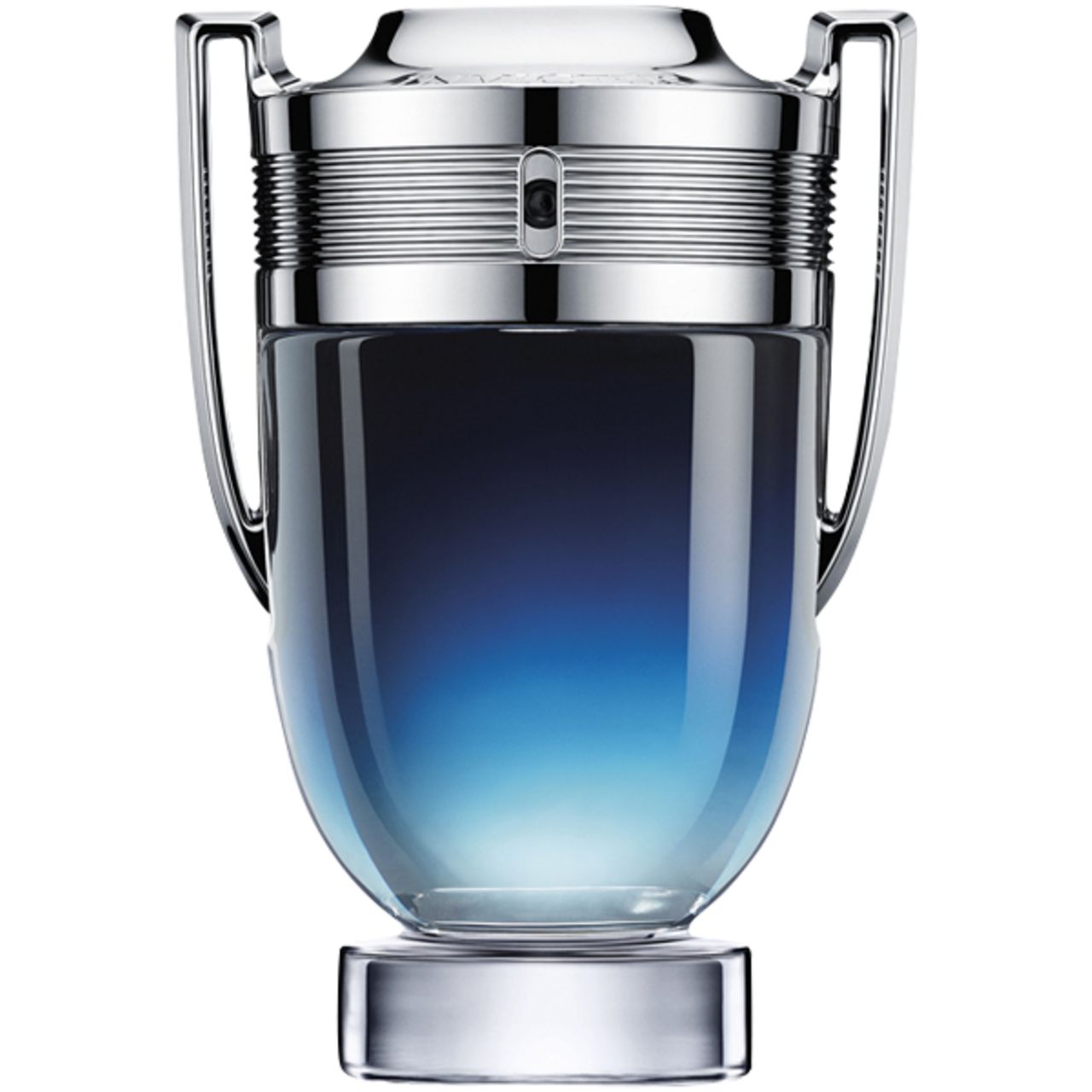 Parfümflakon mit silbernen Details und blauem Farbverlauf. Glasflakon mit silbernen Griffen und Verschluss.