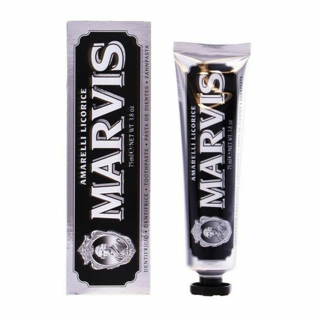 Zahnpasta-Tube und Schachtel. Schachtel und Tube nebeneinander. MARVIS AMARELLI LIQUORICE. Schwarze Tube, silberne Schrift.