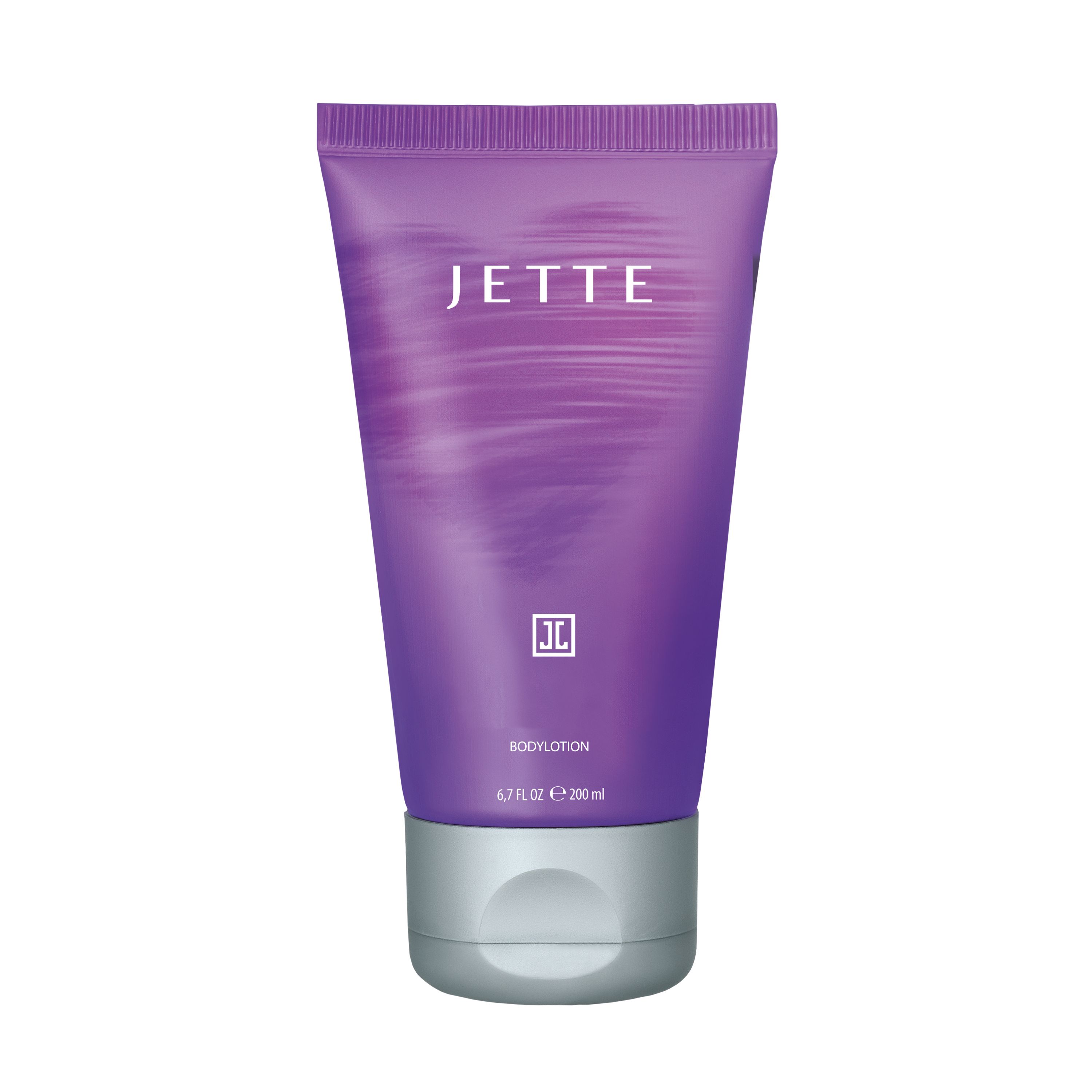 Lila Tube mit silbernem Deckel. Aufschrift "JETTE" und "Bodylotion". Logo unten. Wellenmuster. 6,7 fl.oz. e 200 ml.