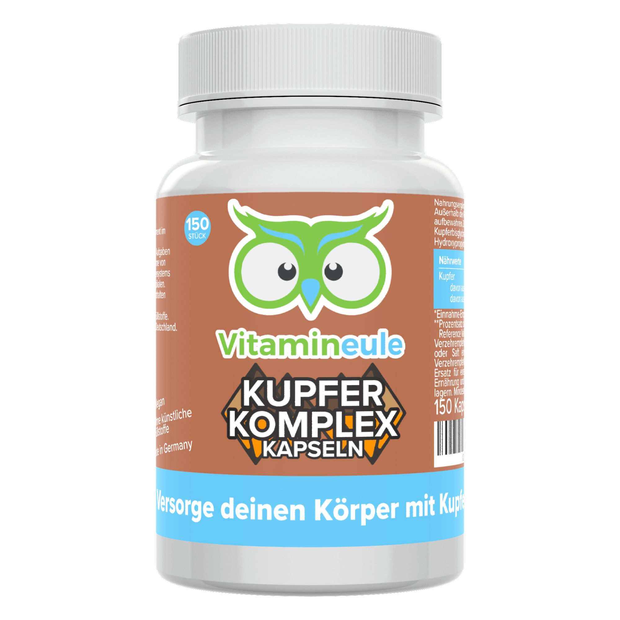 Braune Kapsel-Dose mit weißem Deckel. Etikett: Vitamineule, Kupfer Komplex Kapseln, 150 Stück. Text: Versorge deinen Körper mit Kupfer.