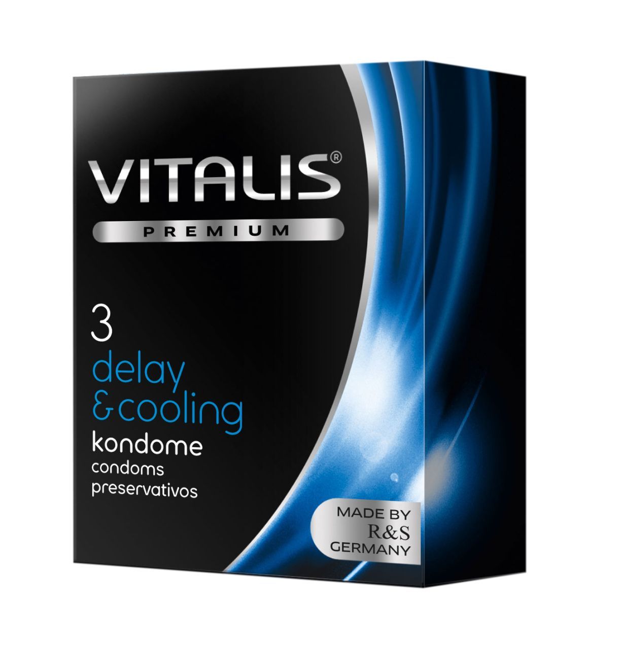Schwarze Verpackung mit weißem "VITALIS PREMIUM"-Logo. "3 delay & cooling" und "kondome" darunter. Made in Germany.