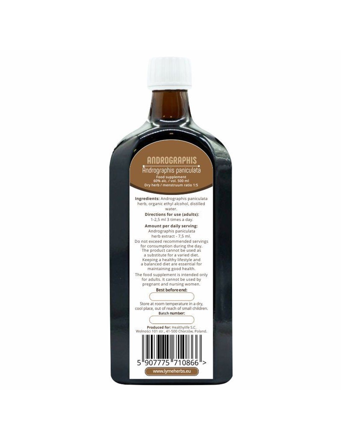 Rückseite einer braunen Flasche mit weißem Deckel. Etikett mit Produktinformationen, Text und Barcode. "Andrographis paniculata".