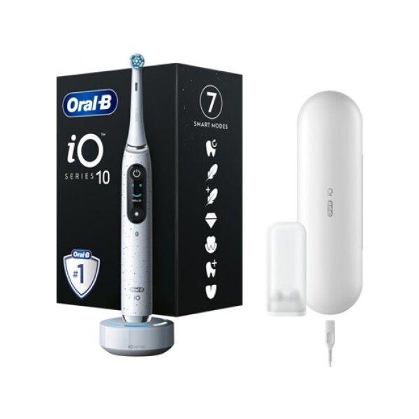 Elektrische Zahnbürste, weiß mit Sternenmuster, in Verpackung. Oral-B iO Series 10. Mit Ladestation, Reiseetui und Bürstenkopf.