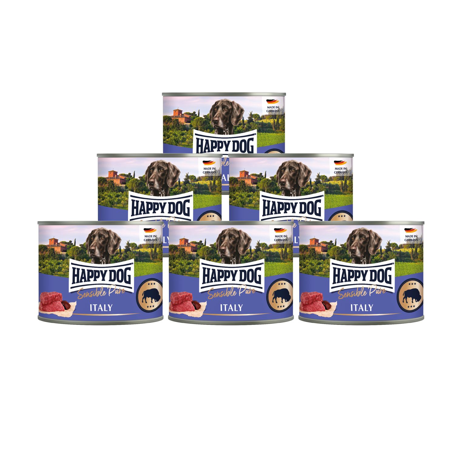 Mehrere Dosen Hundefutter, Happy Dog Sensible Pure Italy. Aufschrift und Abbildung eines Hundes. Italienische Landschaft im Hintergrund.