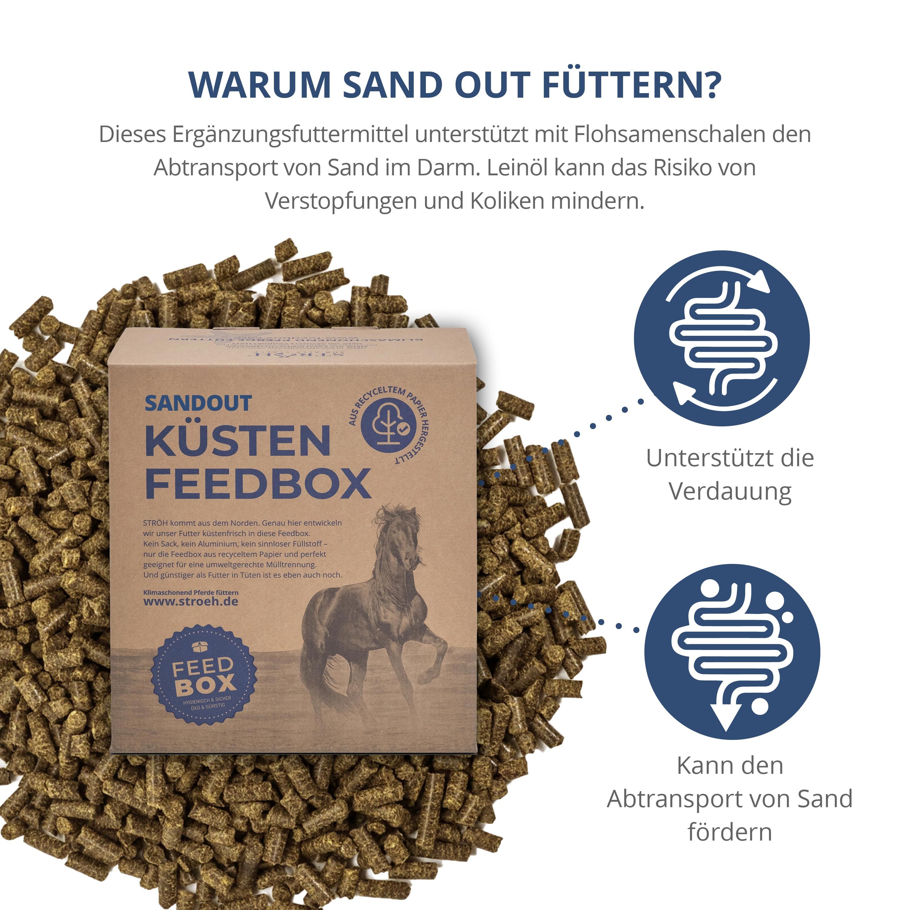 Braune Feedbox mit Produkt und Text. Text: Sand Out, Küsten Feedbox. Abbildung eines Pferdes. Produkt umgeben von Futter. Text: Unterstützt die Verdauung.