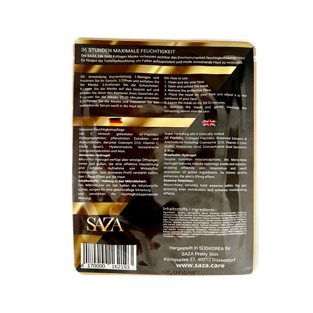 Rückseite der SAZA 24K Gold Kollagen Gel Maske Verpackung. Schwarzer Hintergrund mit Text und Produktinformationen. Hergestellt in Südkorea.
