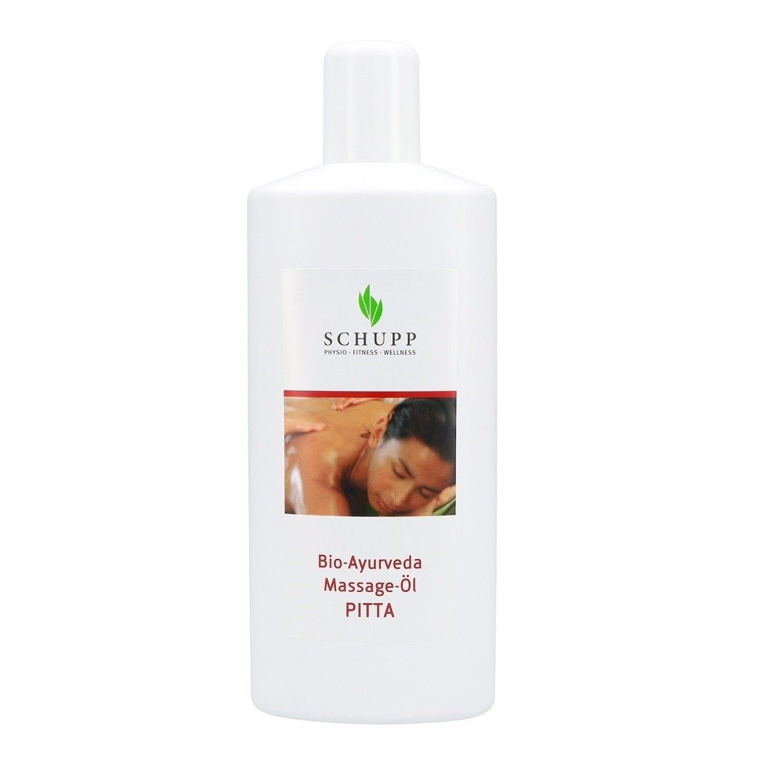 Weiße Flasche mit Etikett. Auf dem Etikett: Logo, Bild einer Massage, Text: Bio-Ayurveda Massage-Öl Pitta.