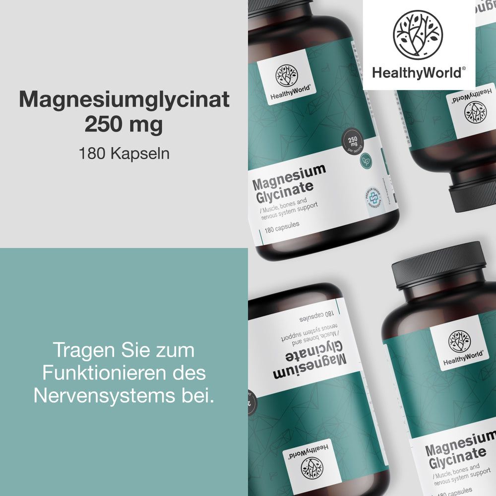 Mehrere Flaschen Magnesiumglycinat. Text: Tragen Sie zum Funktionieren des Nervensystems bei. 250 mg, 180 Kapseln.