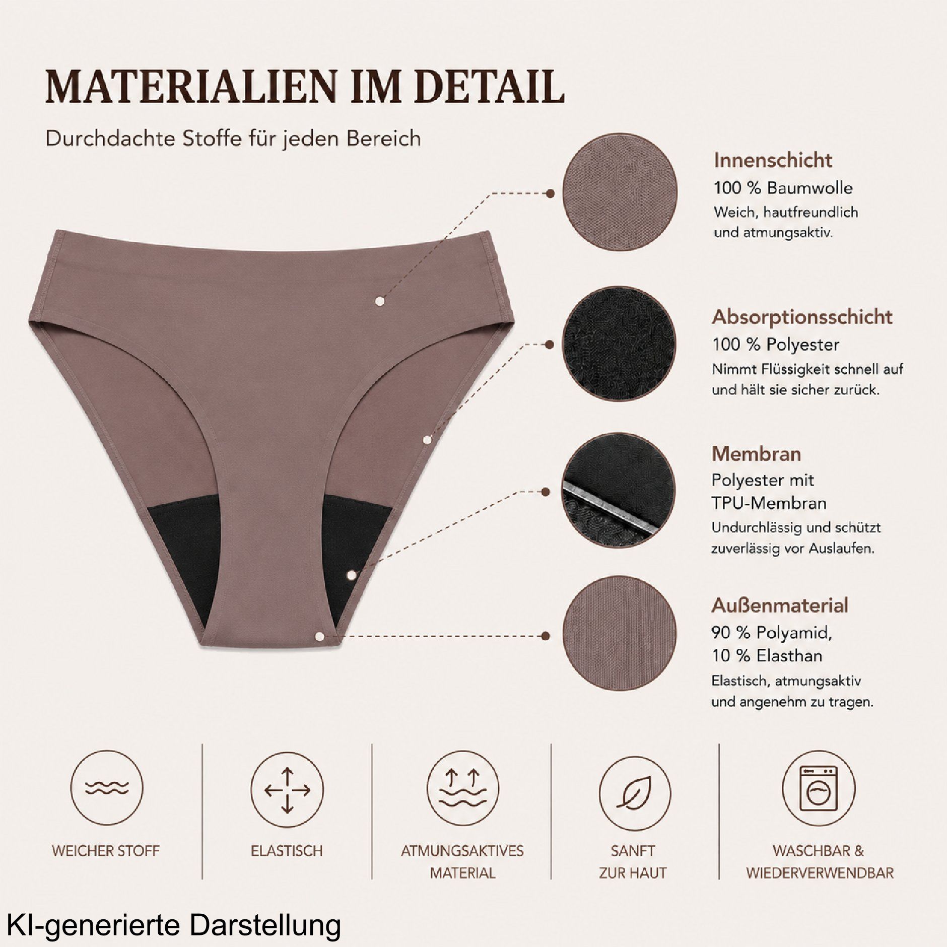 Materialien einer Periodenunterhose: Baumwolle, Polyester, TPU-Membran, Polyamid, Elasthan.
