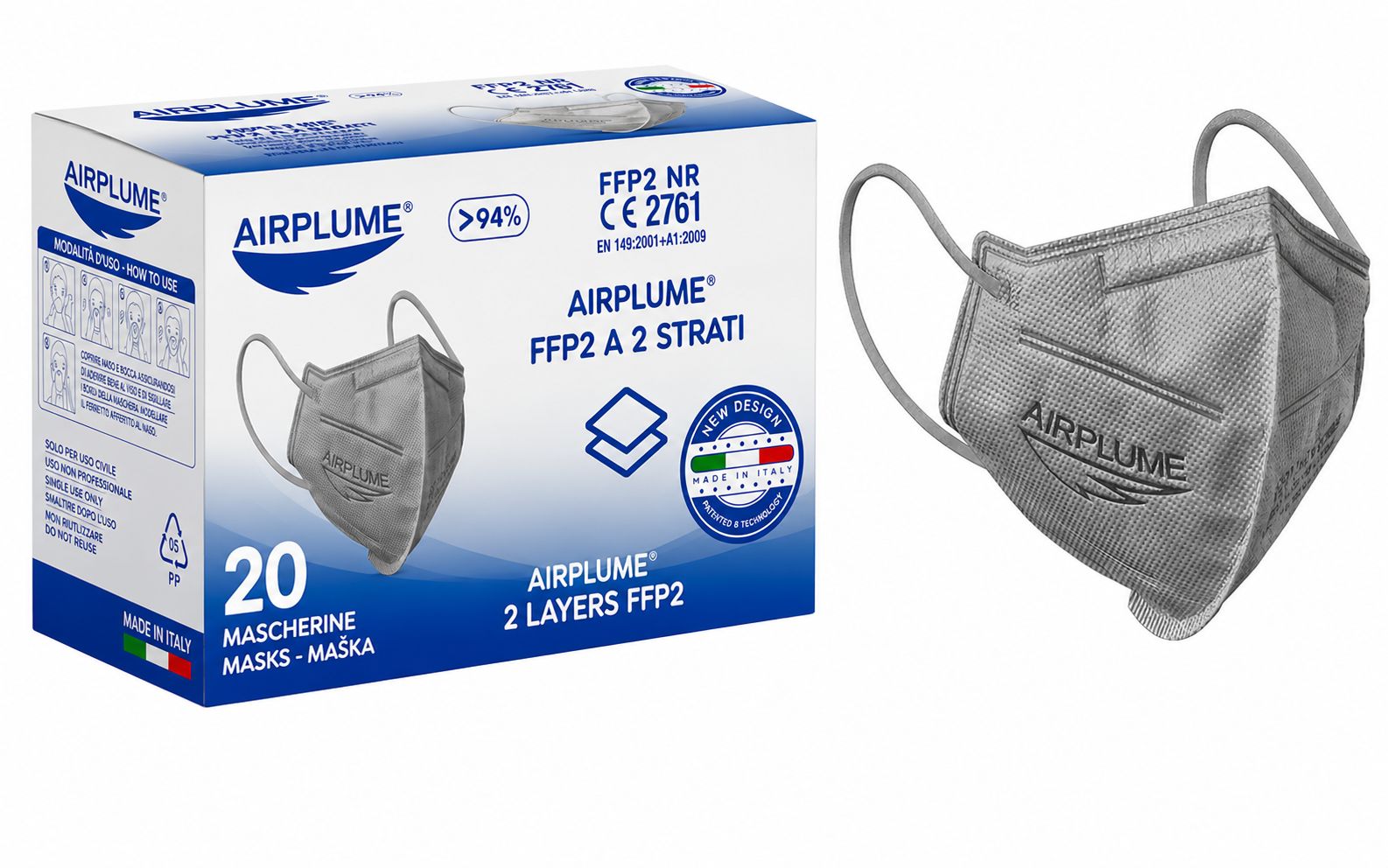 BRAND ITALIA - AIRPLUME FFP2 NR Mascherine colore Grigio