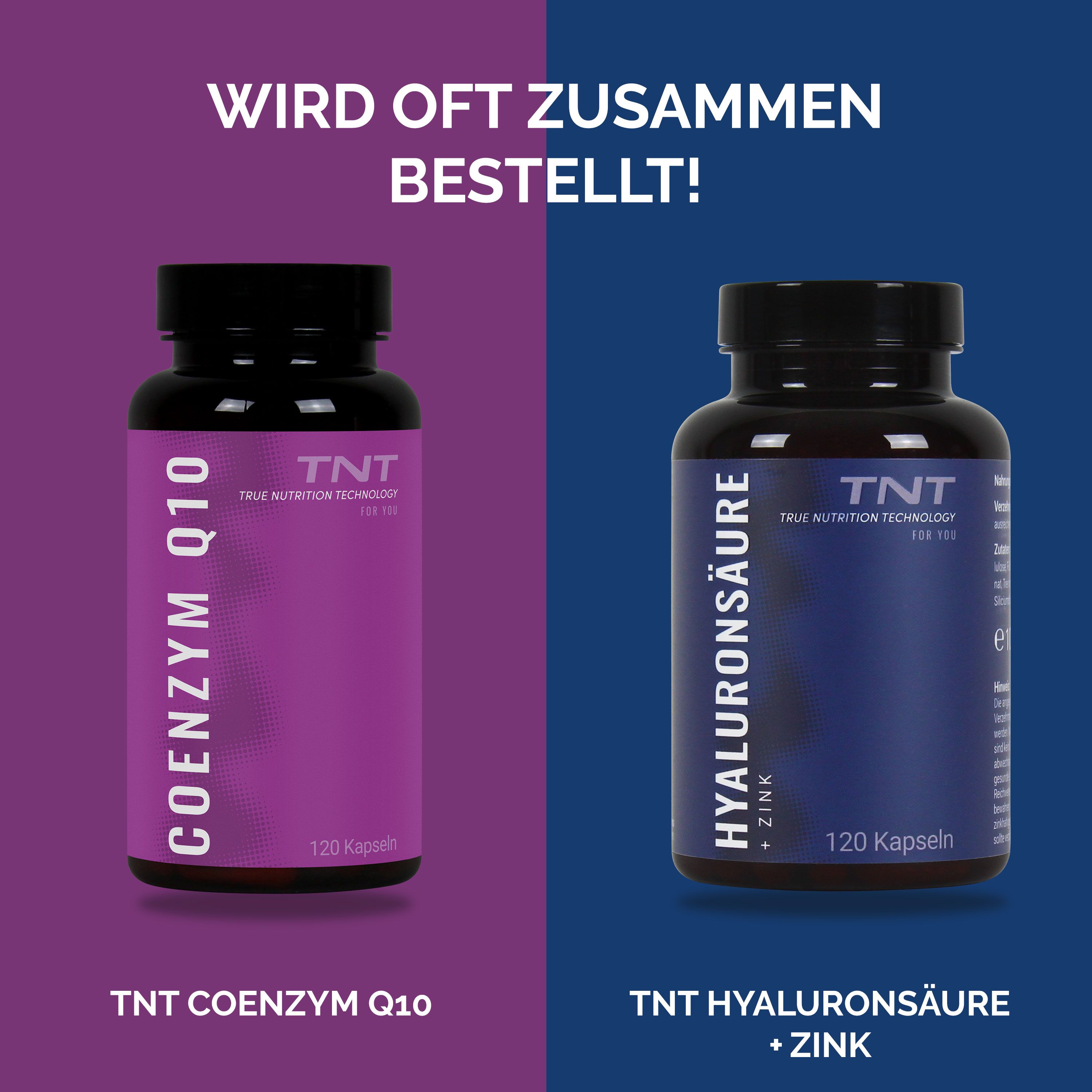 Zwei Flaschen: TNT Coenzym Q10 und TNT Hyaluronsäure + Zink. Text: Wird oft zusammen bestellt!