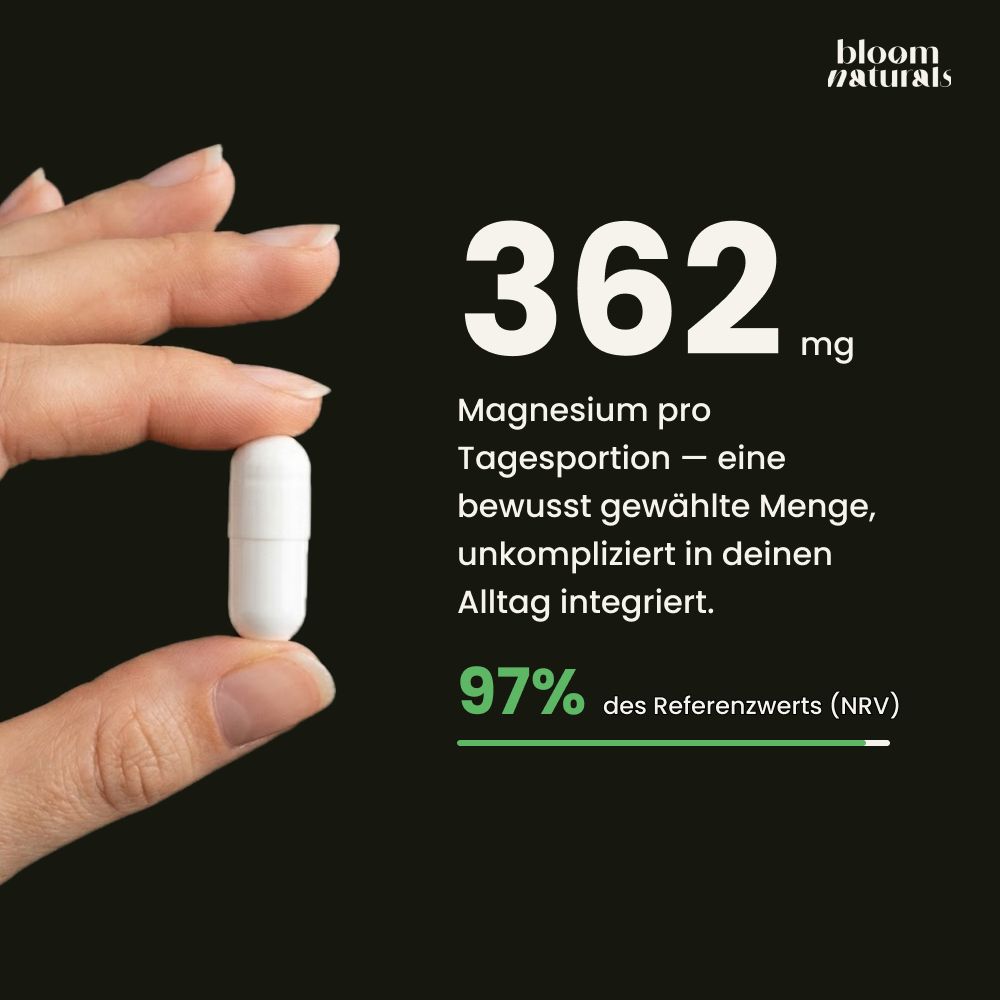Hand hält eine weiße Kapsel. 362 mg Magnesium pro Tagesportion. 97% des Referenzwerts (NRV).