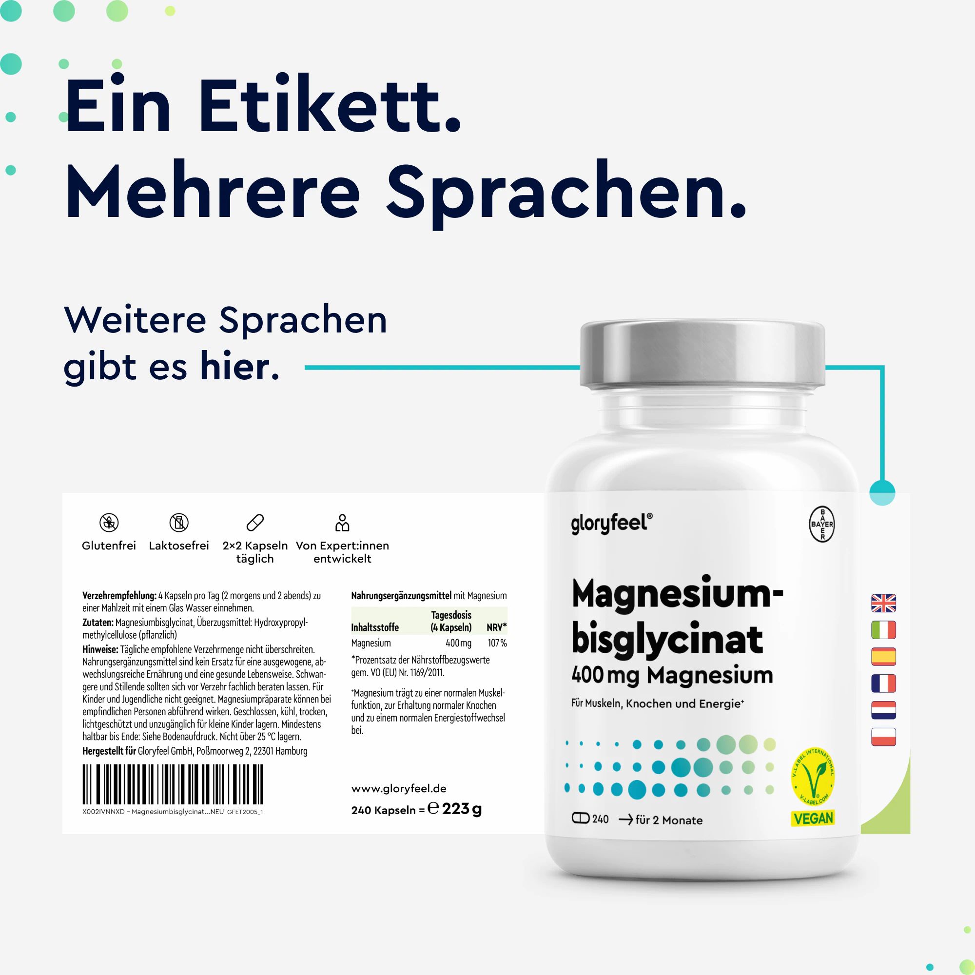 Flasche Magnesiumbisglycinat mit Etikett. Text: Ein Etikett. Mehrere Sprachen. Text über weitere Sprachen auf dem Etikett.