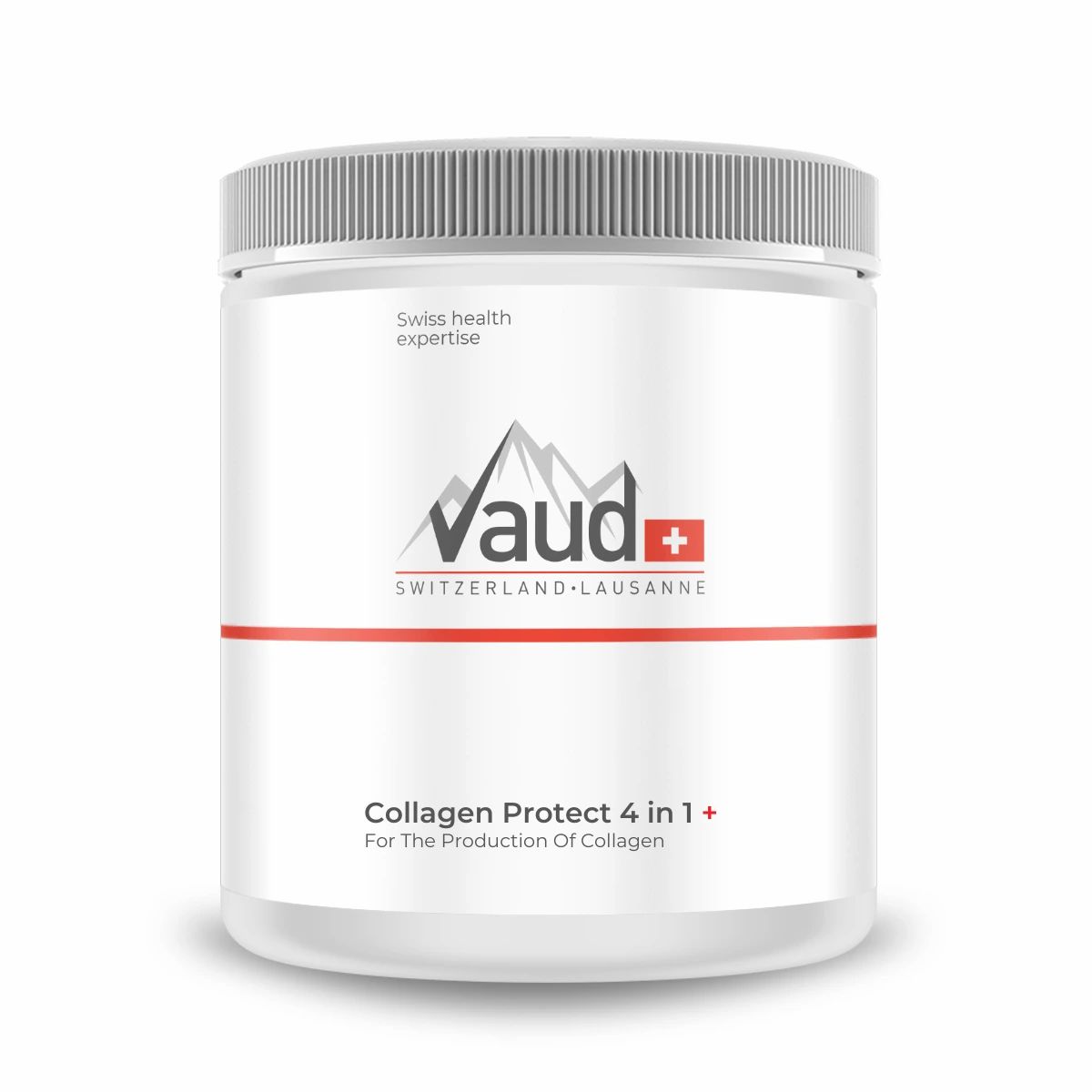 Weißer Behälter mit grauem Deckel. Aufschrift: Vaud, Collagen Protect 4 in 1. Schweizer Gesundheitskompetenz.