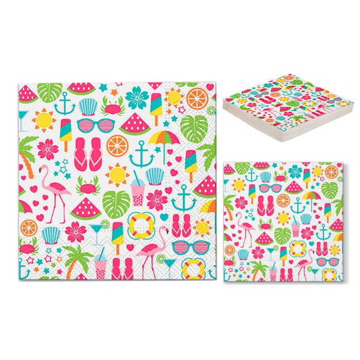 Papier-Servietten mit Sommer-Motiven: Anker, Flamingo, Eis, Sonnenbrille, Wassermelone. Mehrere Servietten gefaltet.