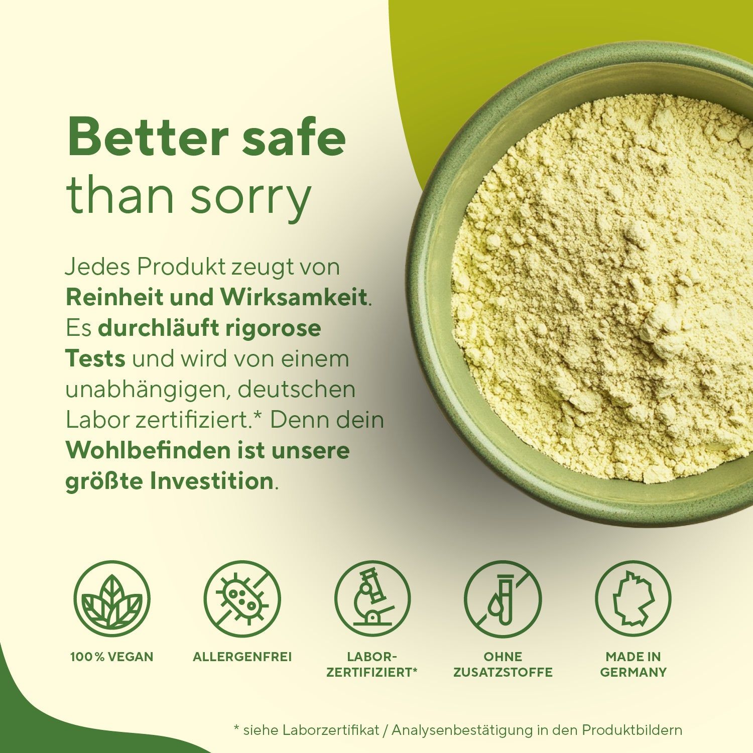 Schüssel mit gelbem Pulver. Logos: 100% Vegan, Allergenfrei, Labor-Zertifiziert, Ohne Zusatzstoffe, Made in Germany.