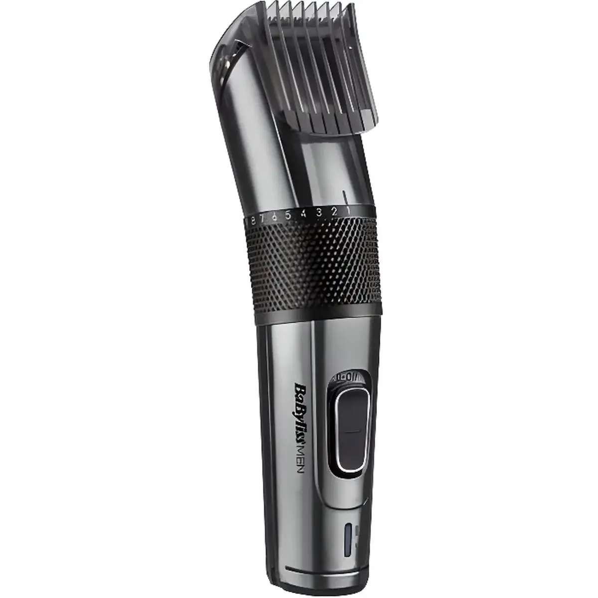 Haarschneider mit Aufsatz. Grau-schwarzes Gehäuse, Aufsatz mit Längeneinstellung. BaByliss MEN Logo.