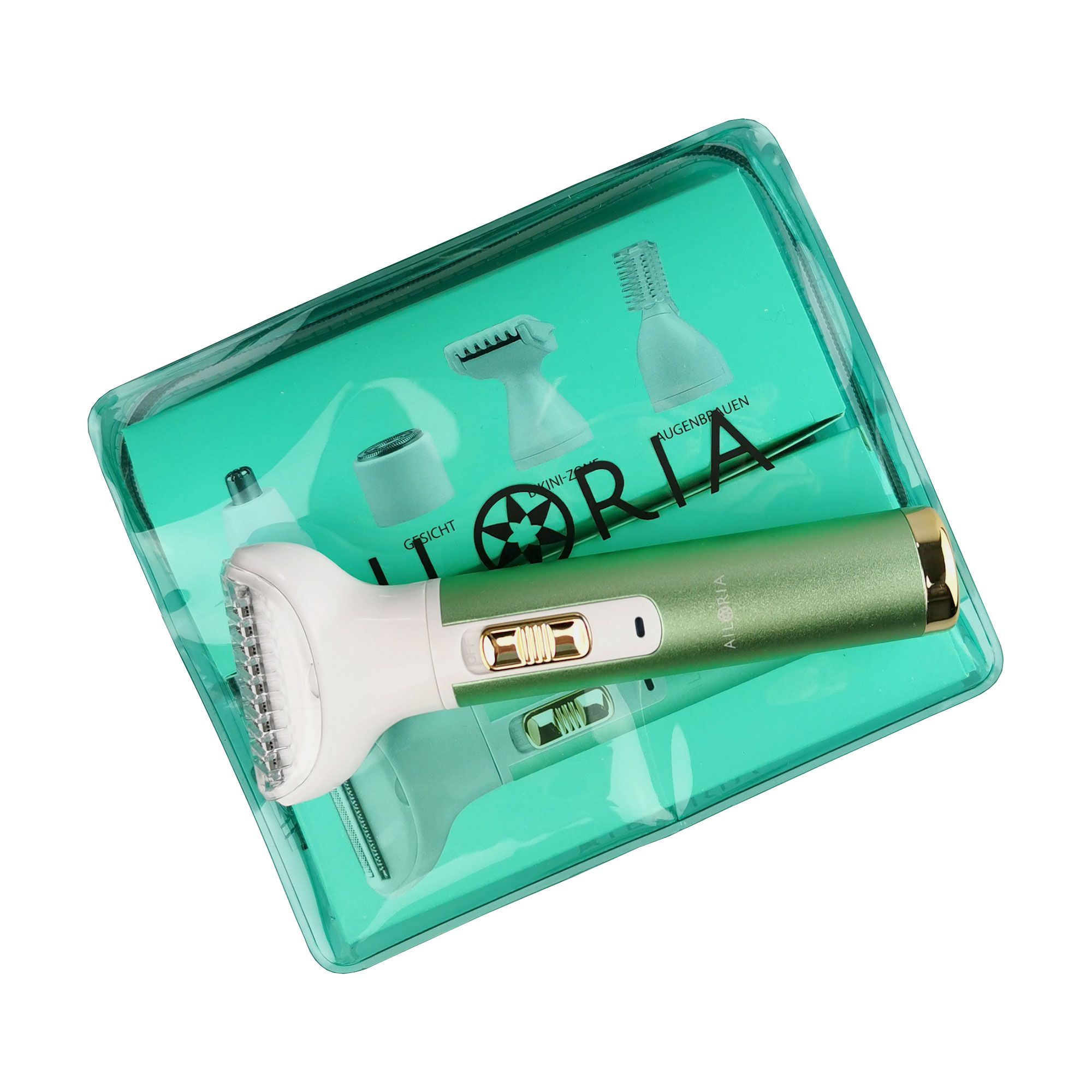 Rasierer-Set in transparenter Verpackung. Rasierer und Aufsätze sichtbar. Grün-weißes Design.