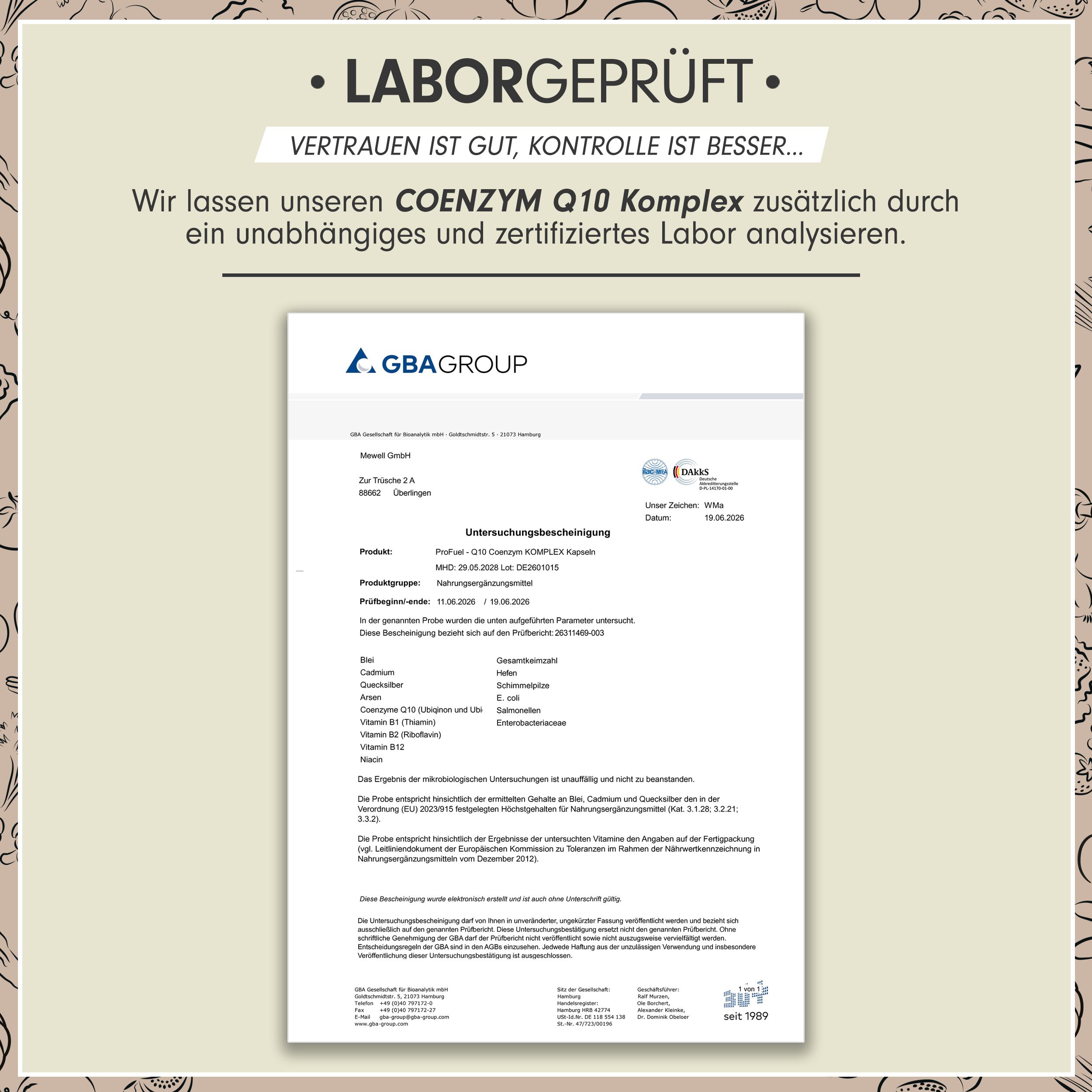 Laborbericht für Pro Fuel Coenzym Q10 Komplex von GBA GROUP.