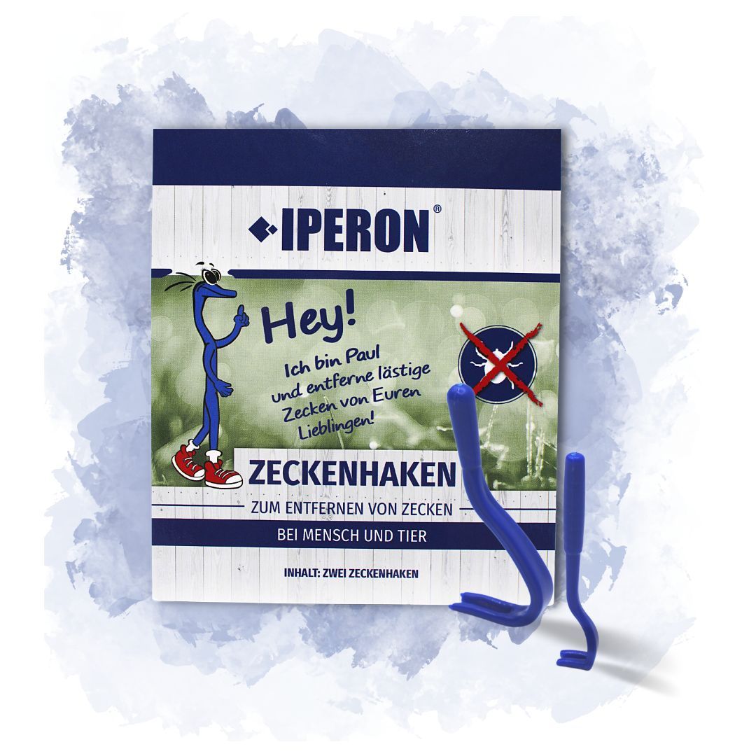 Verpackung mit zwei blauen Zeckenzangen. Marke: IPERON. "Zum Entfernen von Zecken bei Mensch und Tier."