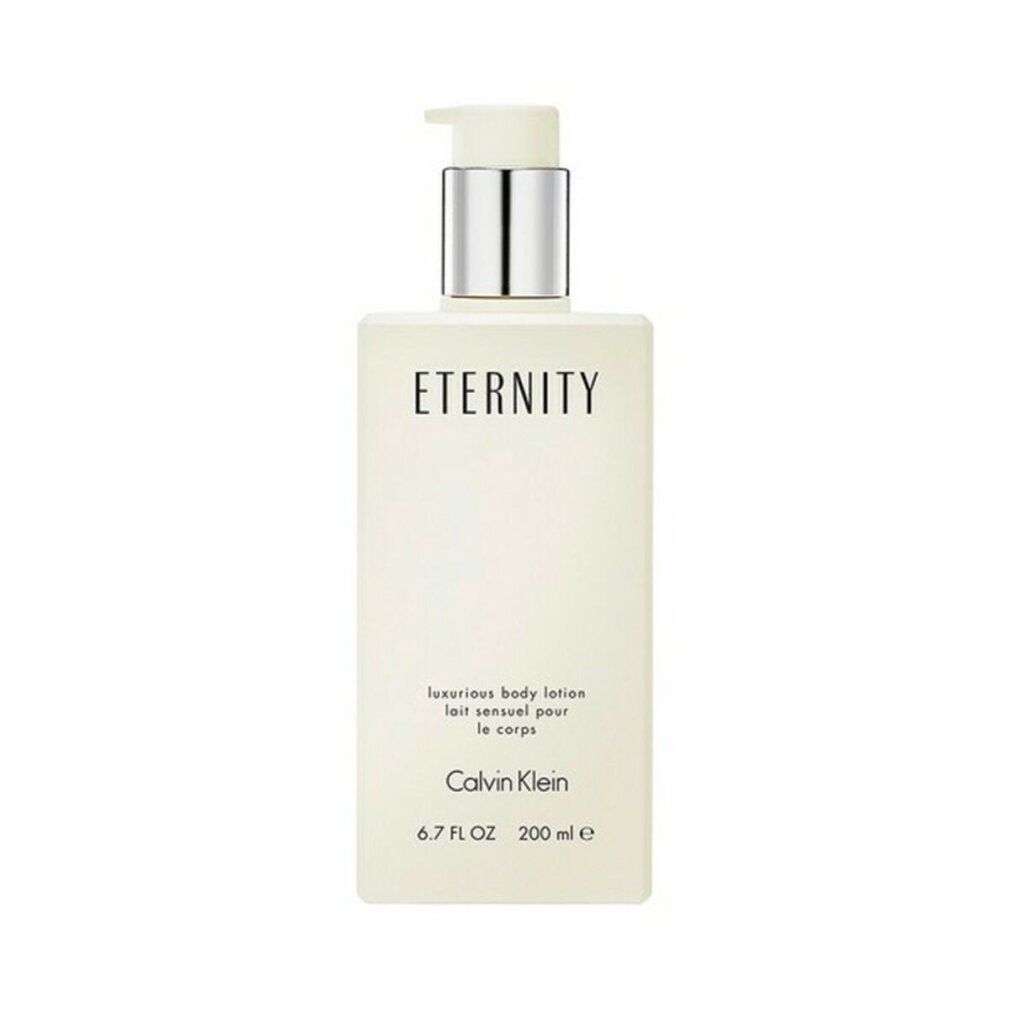 Rechteckige Flasche mit Pumpverschluss. Aufschrift „ETERNITY“ und „Calvin Klein“. Enthält Body Lotion.