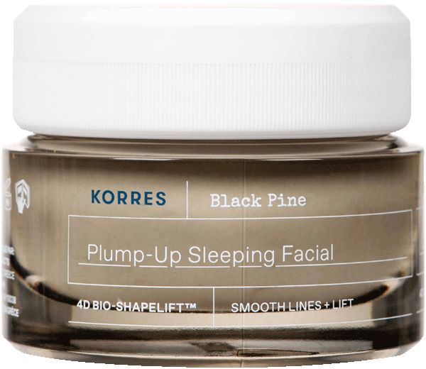 Glasbehälter mit weißem Deckel. Schriftzug: KORRES, Black Pine, Plump-Up Sleeping Facial.