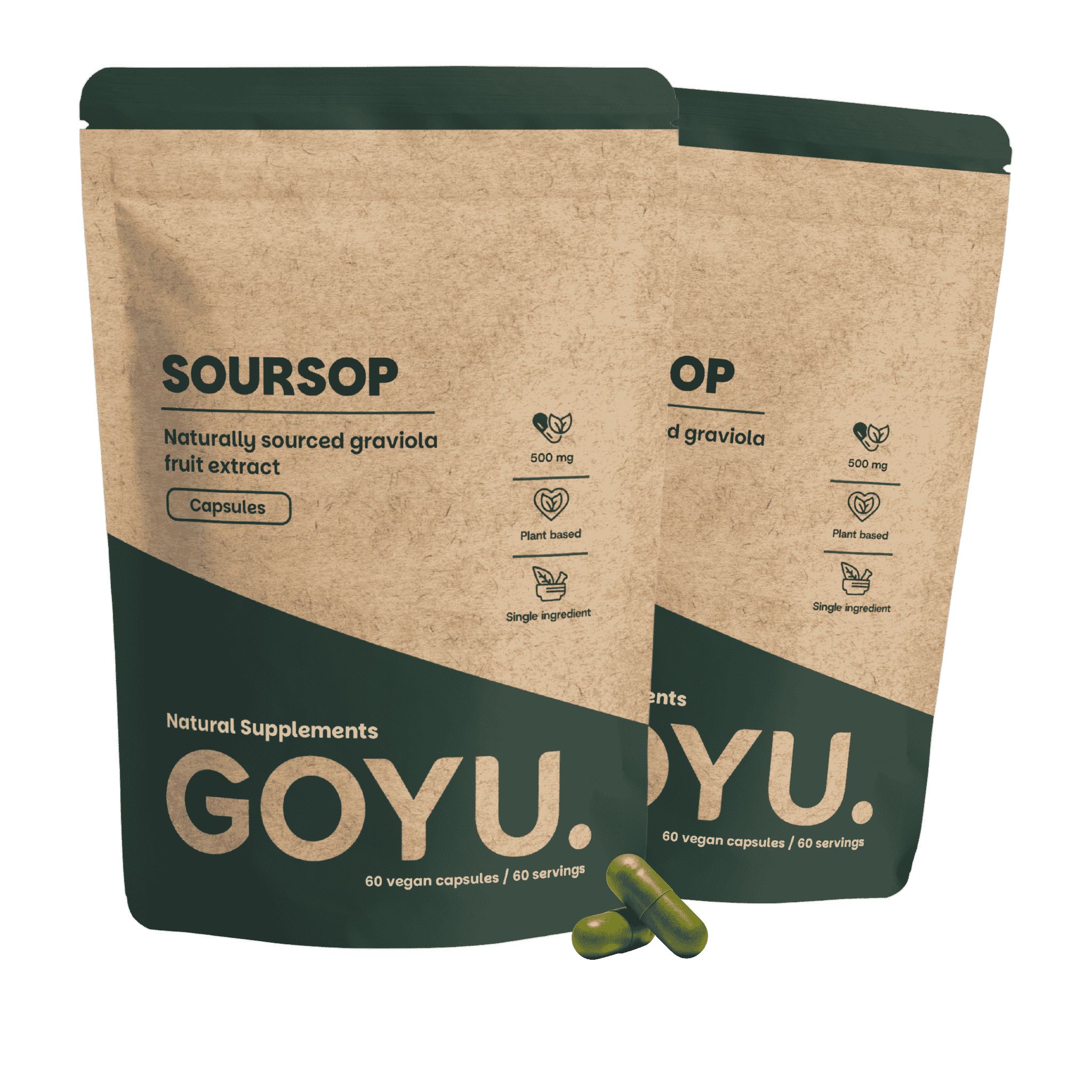 Zwei braune Beutel mit Soursop-Kapseln, 500 mg. GOYU. Natürliche Nahrungsergänzungsmittel.