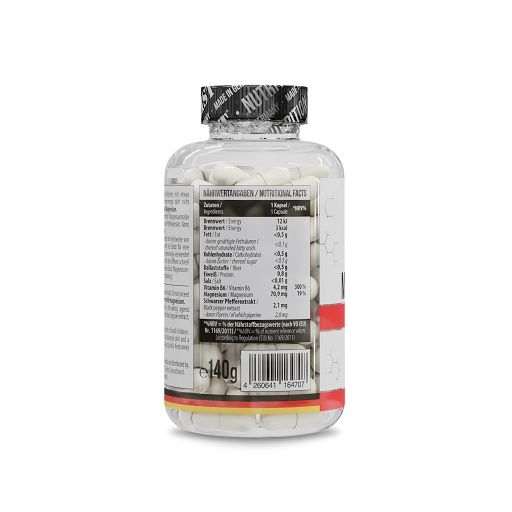 Rückansicht einer Flasche mit weißen Kapseln. Nährwertangaben auf Etikett. Schwarzer Deckel. Flagge Deutschland am unteren Rand. Gewicht: 140g.