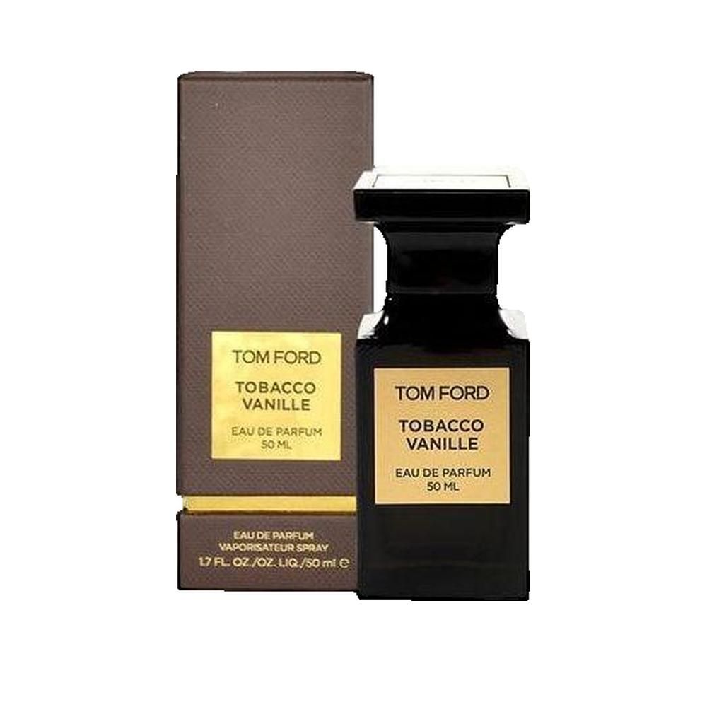 Schwarzer Flakon und braune Verpackung. Aufschrift: TOM FORD, Tobacco Vanille, Eau de Parfum, 50 ml. Sprühflasche.