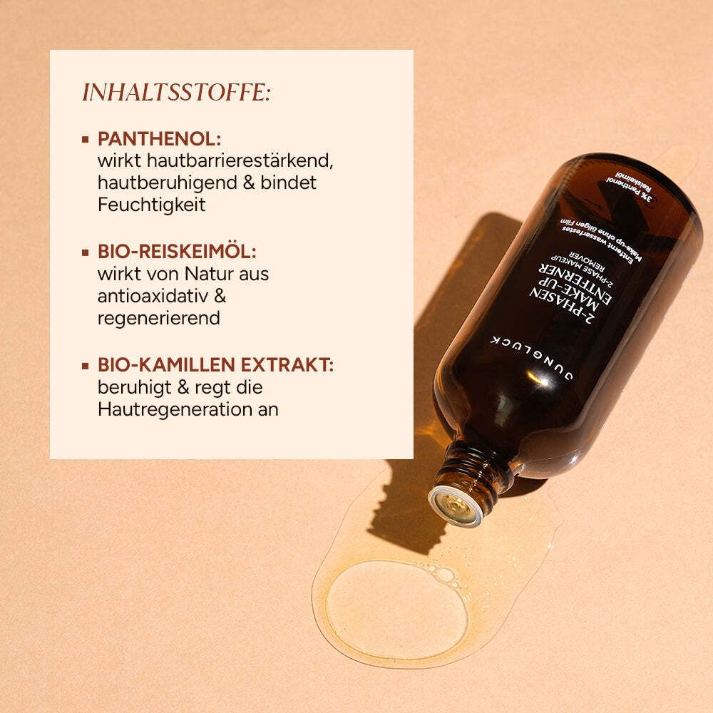 Braune Flasche mit schwarzem Deckel. Text: JUNGLÜCK 2-Phasen Make-up Entferner. Textfeld mit Inhaltsstoffen.