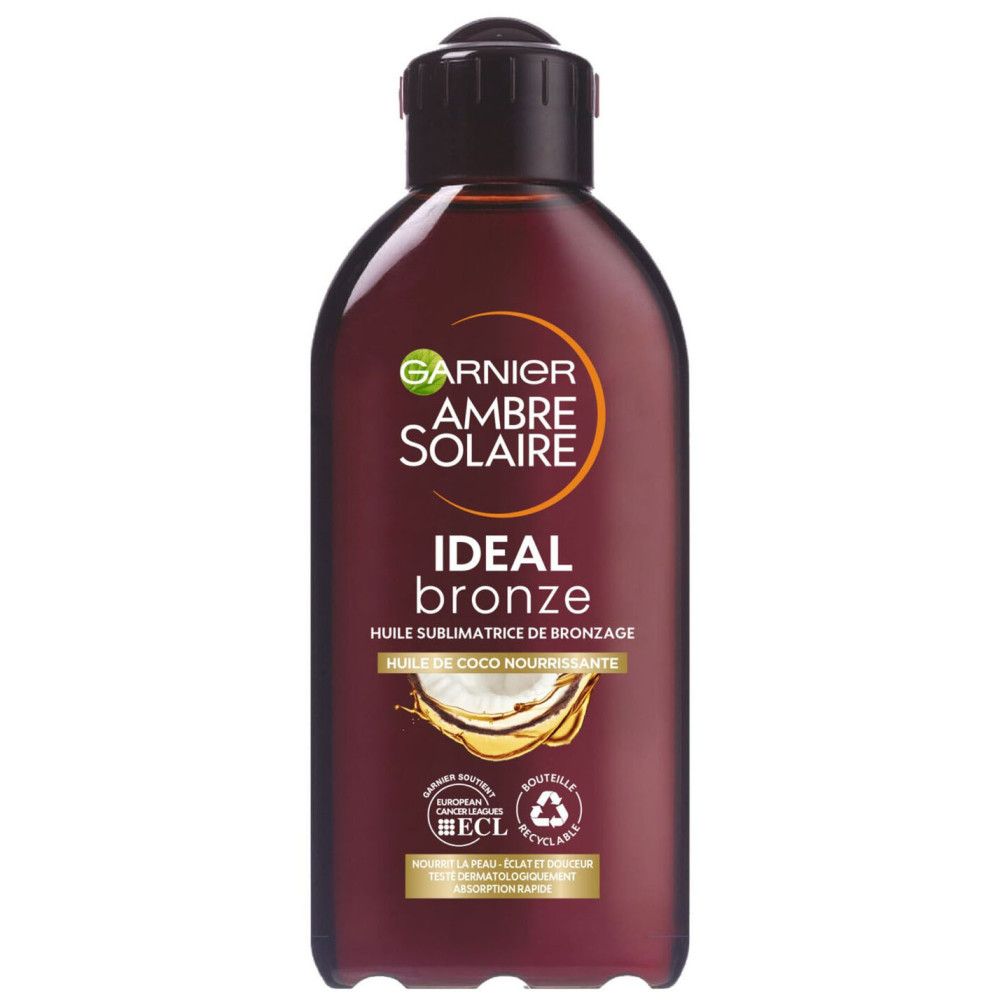 Braune Flasche mit schwarzem Deckel. Aufschrift: Garnier Ambre Solaire Ideal Bronze. Enthält Kokosnussöl. Mit Recycling-Symbol.