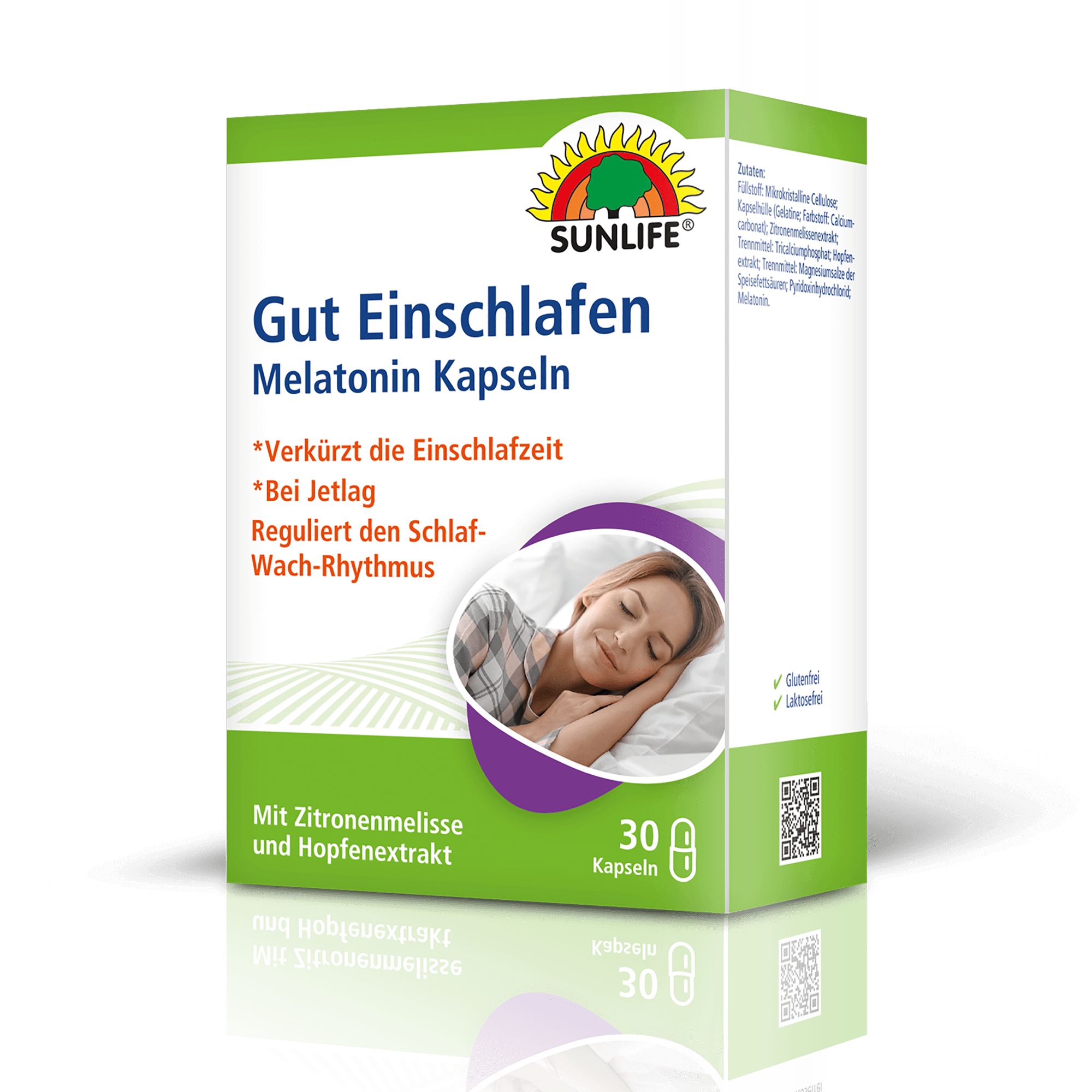 Schachtel mit SUNLIFE® Melatonin Kapseln. Aufschrift: Gut Einschlafen, 30 Kapseln. Enthält Zitronenmelisse und Hopfenextrakt.