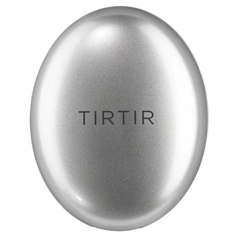 Silberfarbene, ovale Kosmetikverpackung mit dem Schriftzug "TIRTIR".