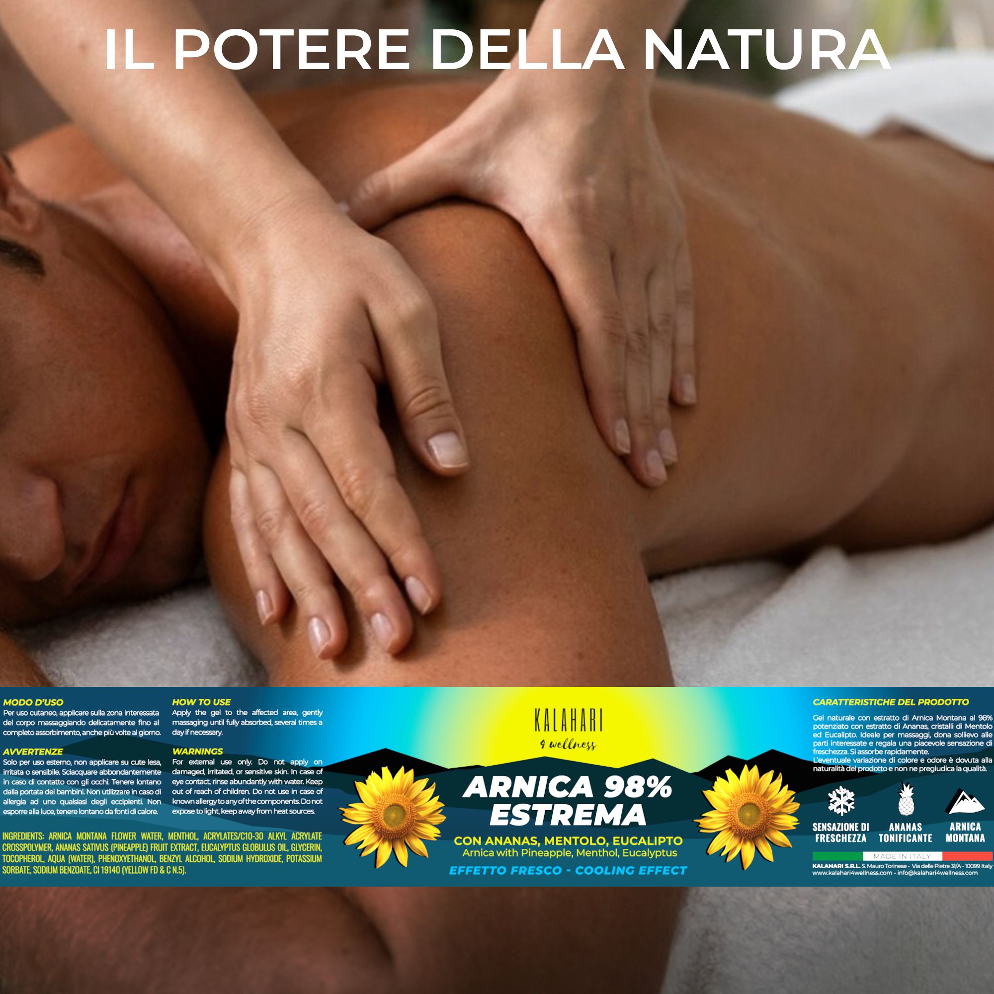 Massage auf dem Rücken, mit einem Tiegel KALAHARI Arnika 98% ESTREMA im Vordergrund.