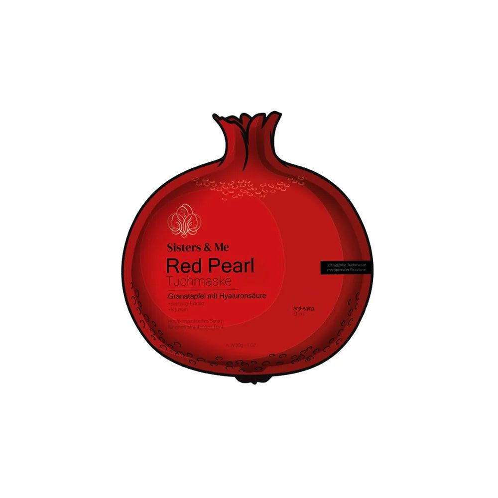 Rote, granatapfelförmige Tuchmaske. Aufschrift: Sisters & Me, Red Pearl, Granatapfel mit Hyaluronsäure.