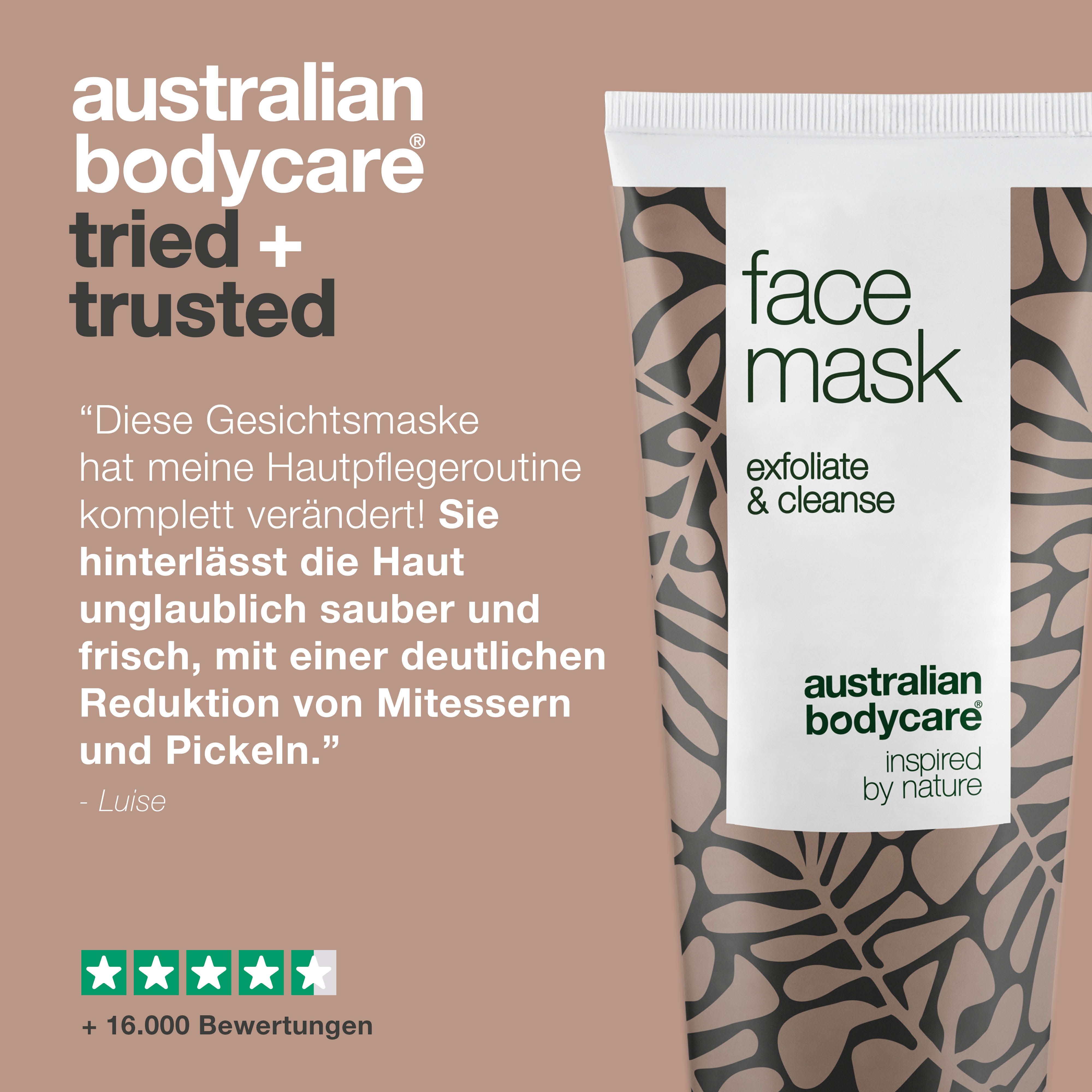 Gesichtsmaske-Tube und Text: Erfahrungsbericht. Text: Face Mask, Australian Bodycare.