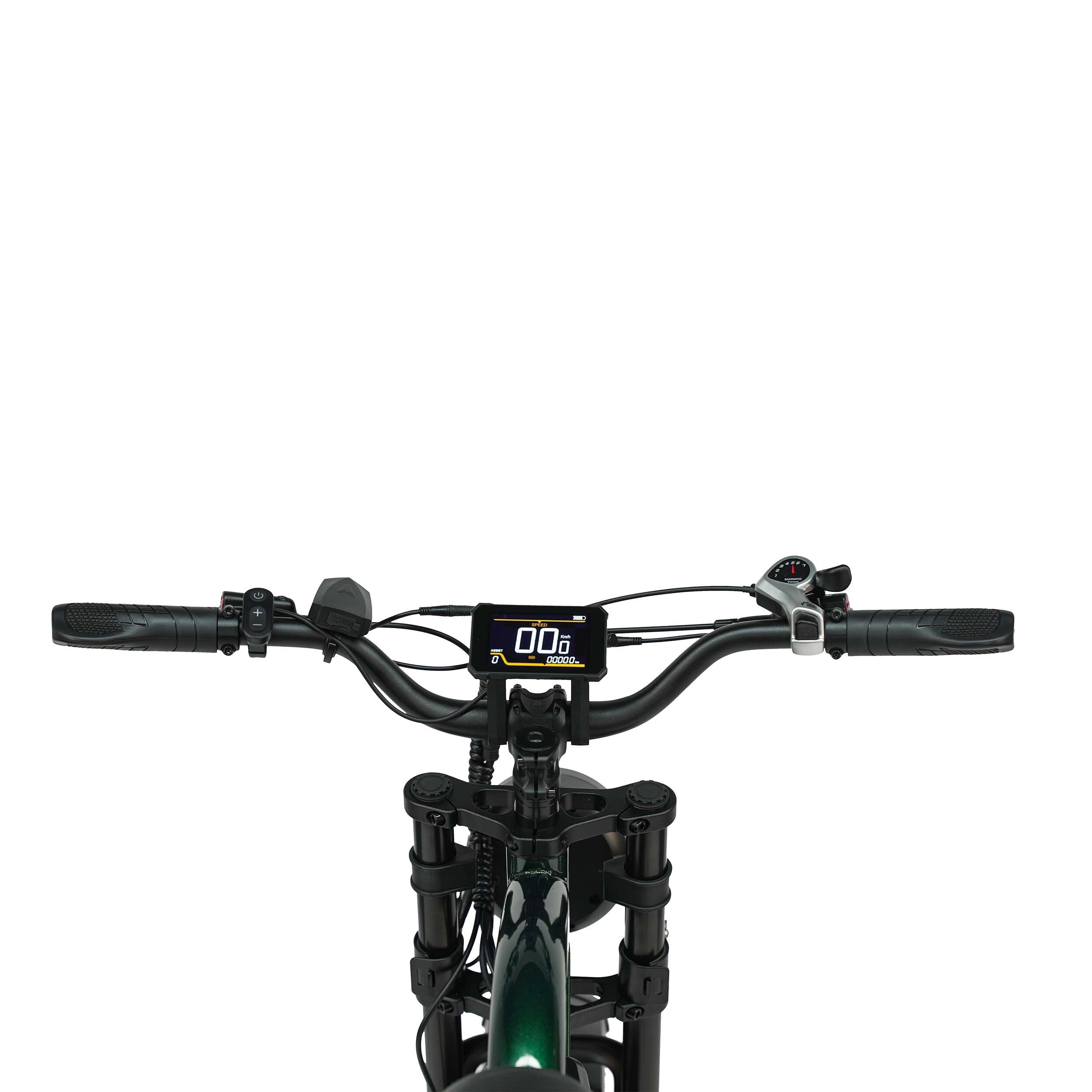 Lenker eines grünen Elektro-Mountainbikes. Digitales Display mit Anzeige. Schwarze Griffe und Bedienelemente.