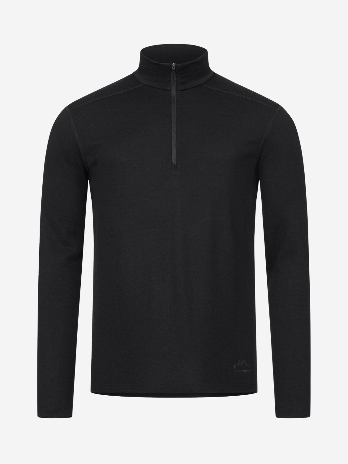 Schwarzer Herren-Merino-Pullover mit kurzem Reißverschluss, Ganzkörperansicht.