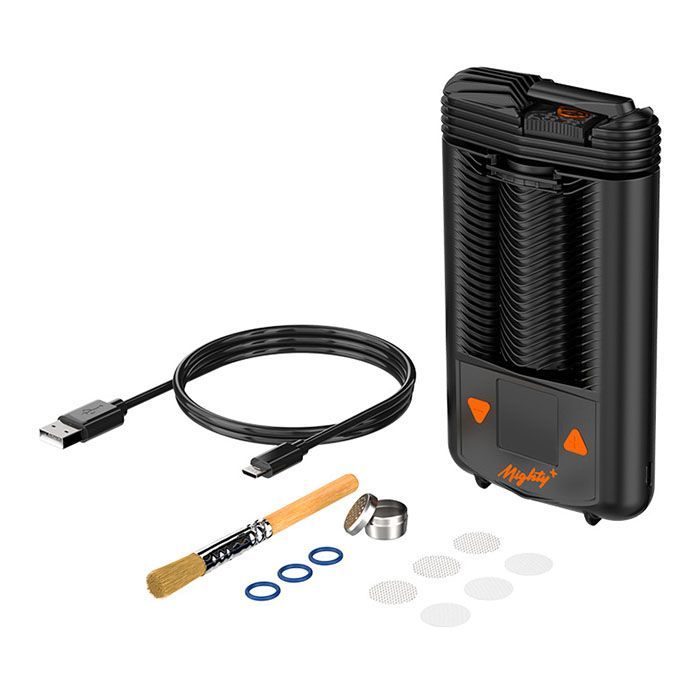 MIGHTY+ Vaporizer mit USB-Ladekabel, Bürste, Dichtungsringen und Sieben.