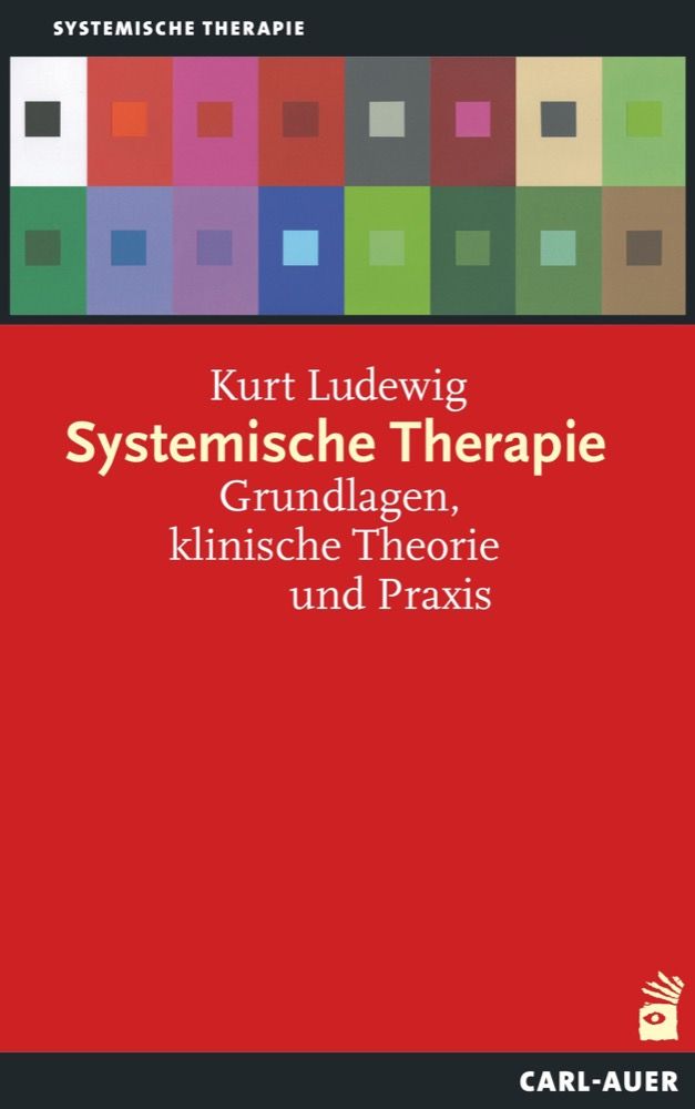 Buchcover mit Titel "Systemische Therapie". Autor: Kurt Ludewig. Roter Hintergrund, farbige Quadrate oben.