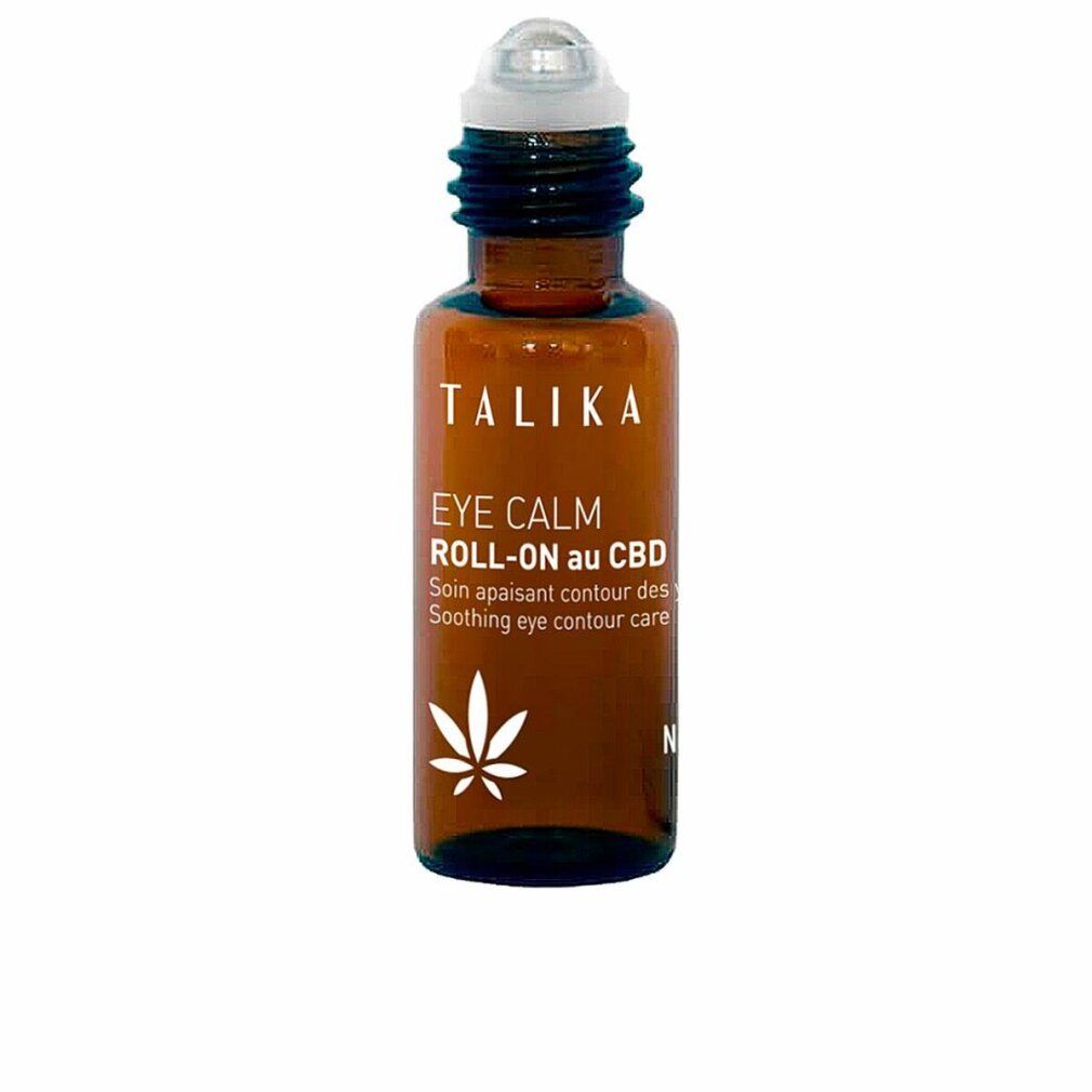 Braune Glasflasche mit Roll-on-Applikator. Aufschrift: TALIKA EYE CALM ROLL-ON au CBD. Weißes Hanfblatt-Symbol.