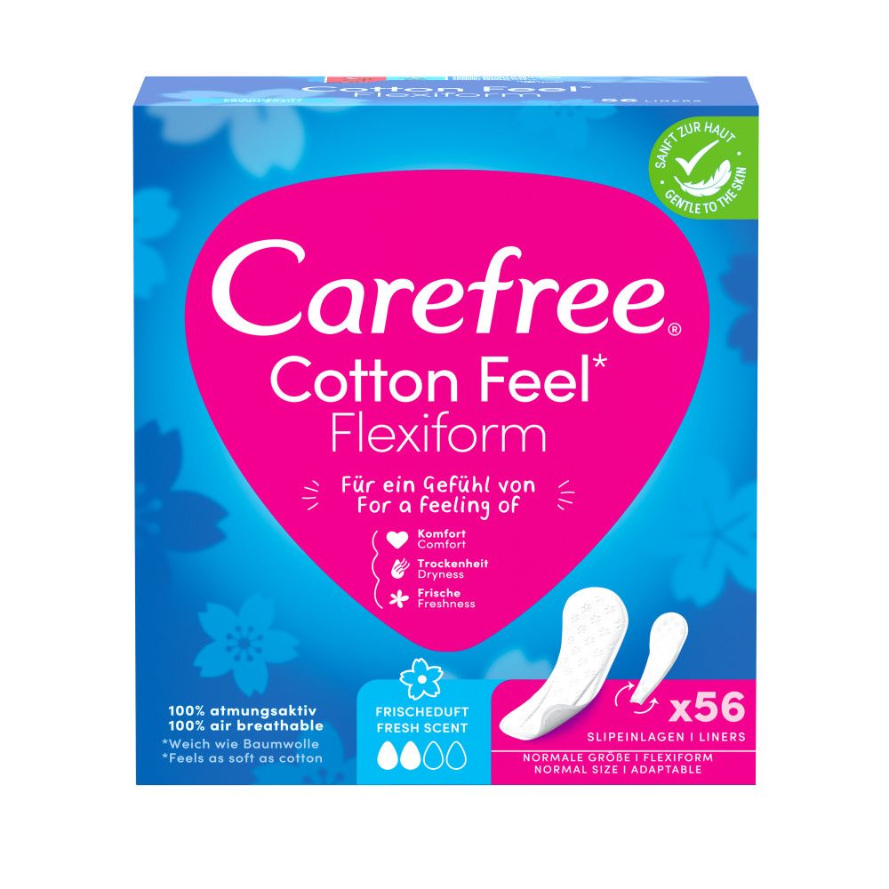 Blau-pinke Verpackung mit Slipeinlagen. "Carefree Cotton Feel Flexiform" und "Frischeduft" sind sichtbar. 56 Stück.