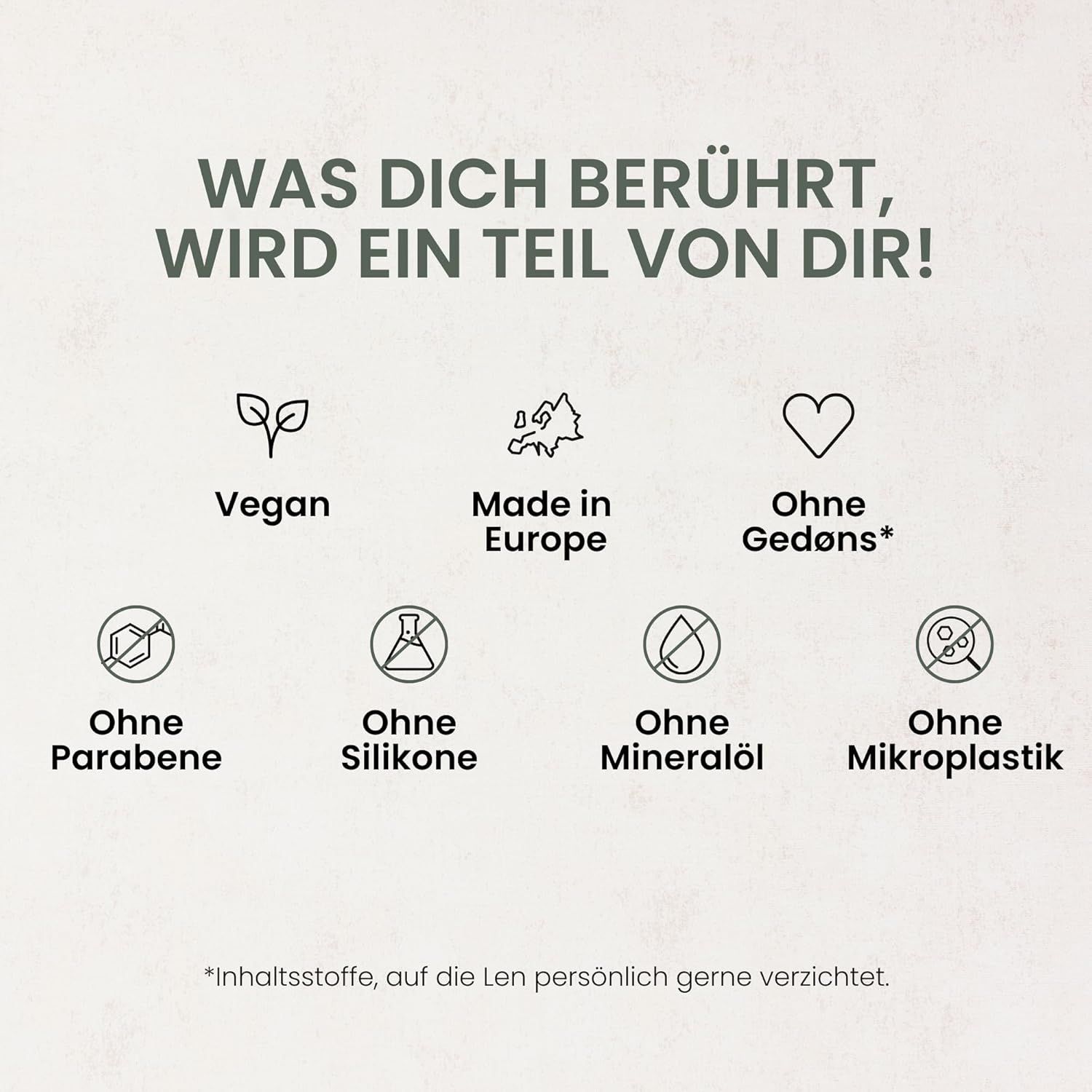 Verschiedene Symbole und Text. Vegan, Made in Europe, Ohne Gedøns, Ohne Parabene, Silikone, Mineralöl, Mikroplastik.