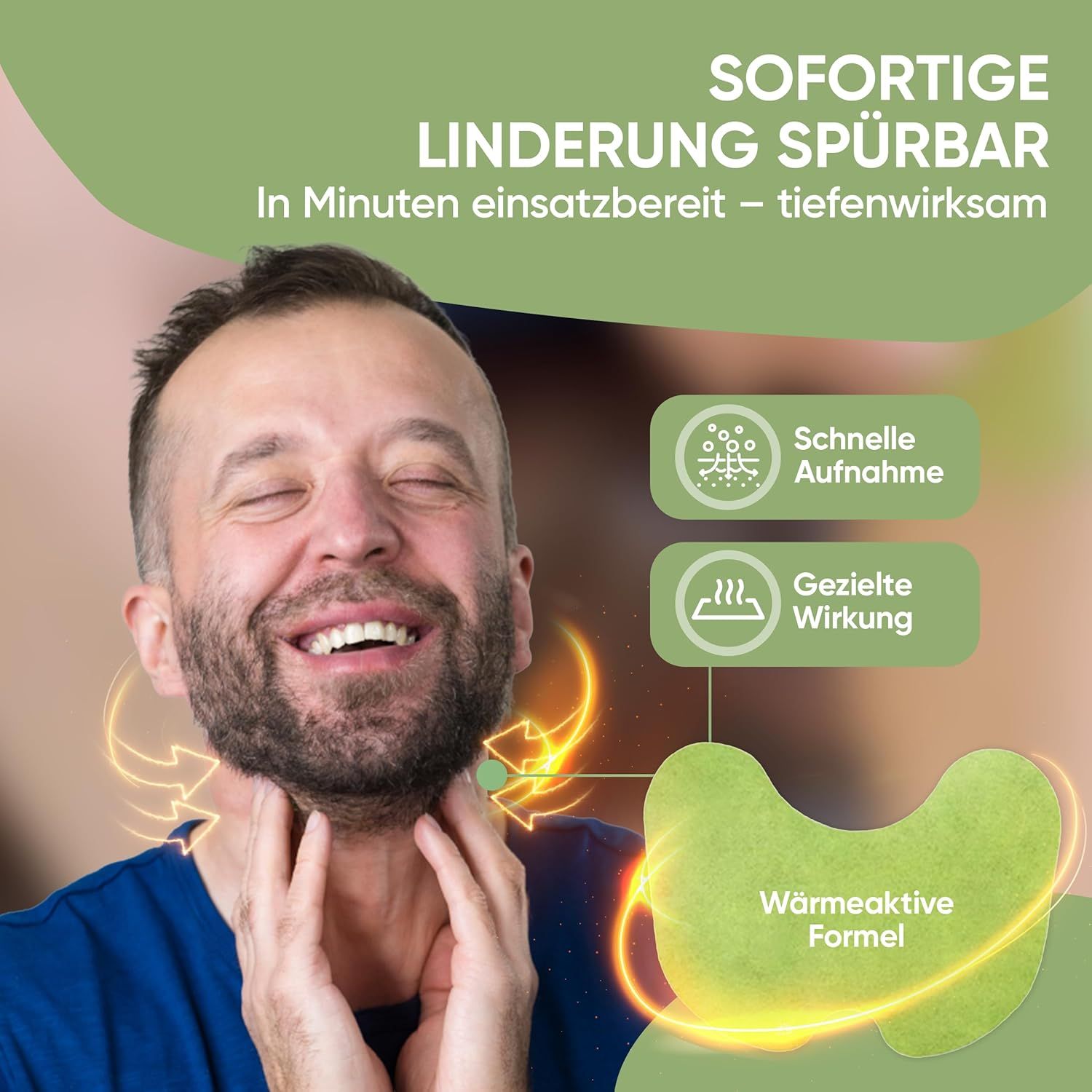 Mann mit Hals-Schmerz-Stopp-Pflaster. Pflaster grün, herzförmig. Grafische Elemente zeigen schnelle Aufnahme und gezielte Wirkung.