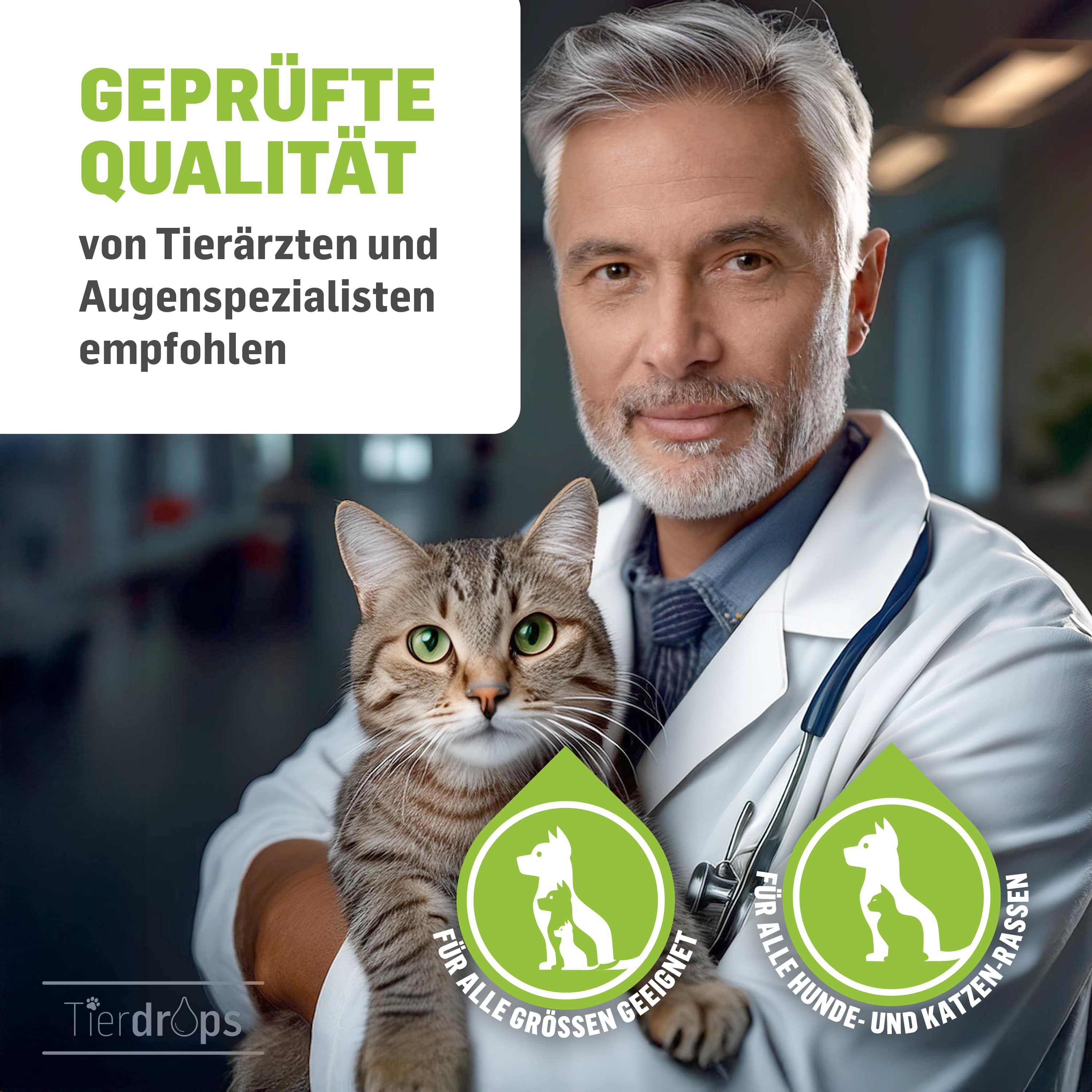 Tierarzt mit Katze. Text: Geprüfte Qualität von Tierärzten und Augenspezialisten empfohlen. Für alle Größen geeignet.