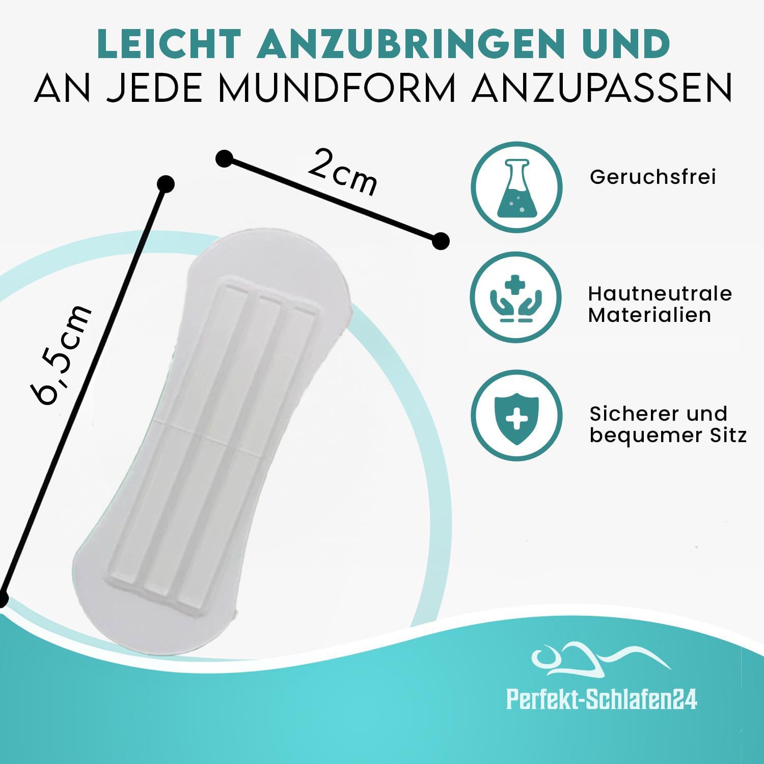 Nasenpflaster, Maße: 6,5cm x 2cm. Text: Leicht anzubringen und an jede Mundform anzupassen. Symbole: Geruchsfrei, hautfreundliche Materialien, sicherer Sitz.