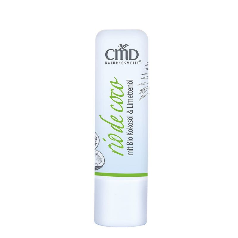 Weißer Lippenpflegestift mit grüner Schrift. Aufschrift: CMD Naturkosmetik, rio de coco mit Bio Kokosöl & Limettenöl.