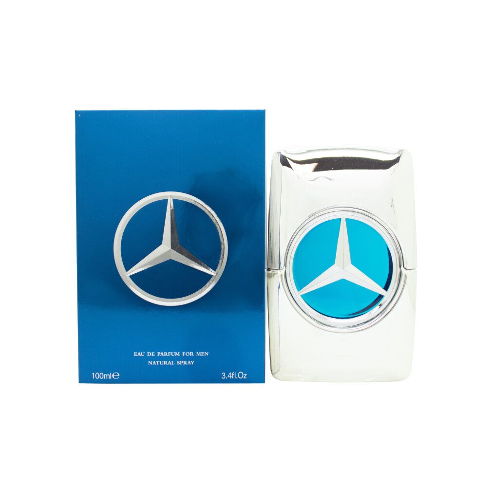 Flakon und Verpackung. Silberner Flakon mit blauem Logo. Blaue Verpackung mit Logo und Text: Mercedes-Benz Man Bright.